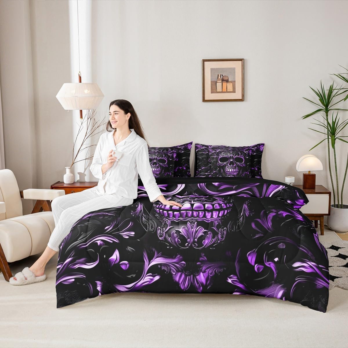 Gothic Bed in a Bag Queen Comforter Set 7 Piece, Purple Skeleton Bedding Sets Sugar Skull Black Damask Comforter and Sheet Set, Retro Exotic Bone Decor, Victorian Decor Halloween Skeleton Decorations