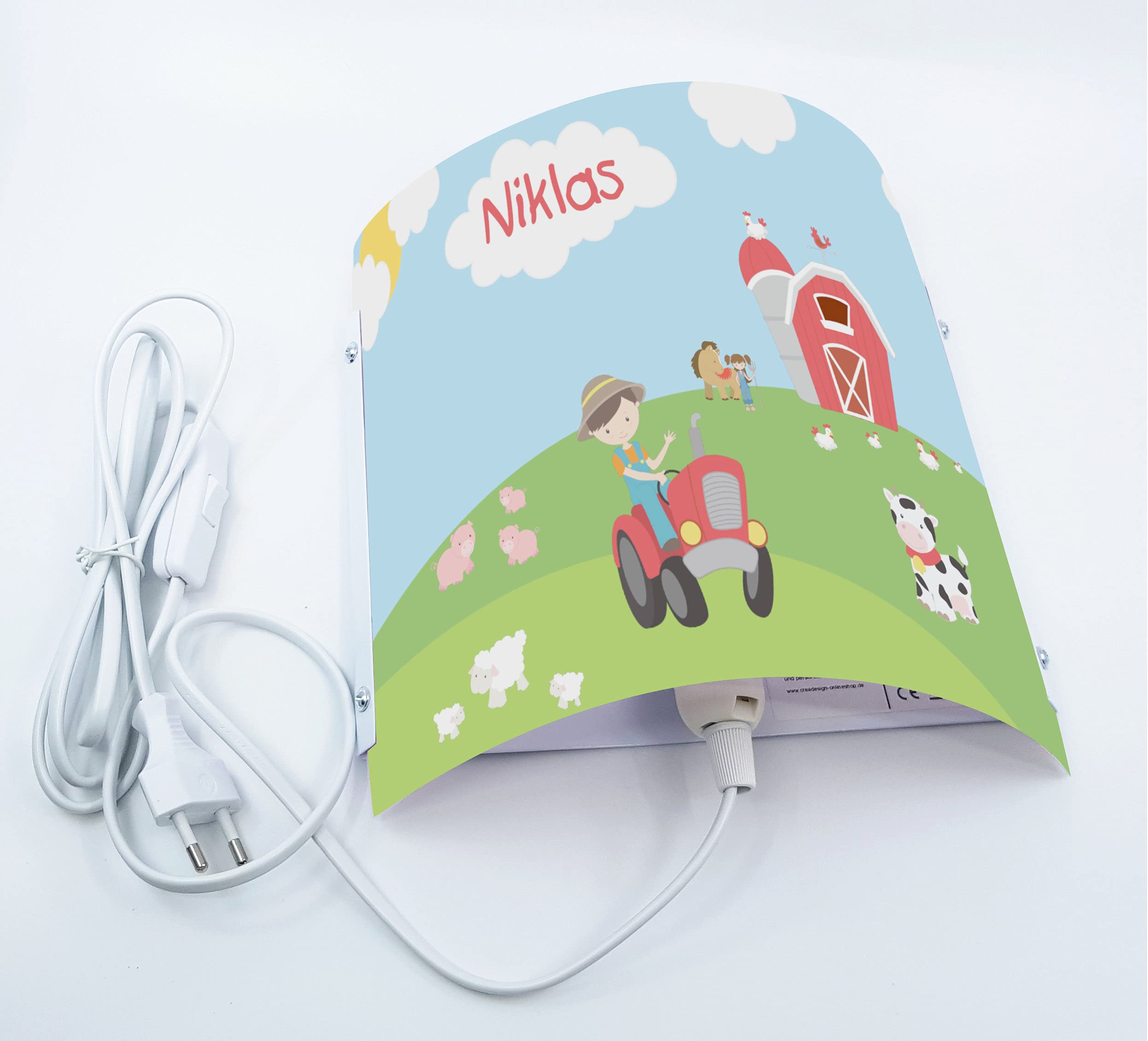 WA-1002, Bauernhof, Kinderzimmer Wandlampe personalisiert mit Namen, Nachtlicht/Schlummerlicht für Steckdose, E14, 22 x 22,5 x 8,5 cm
