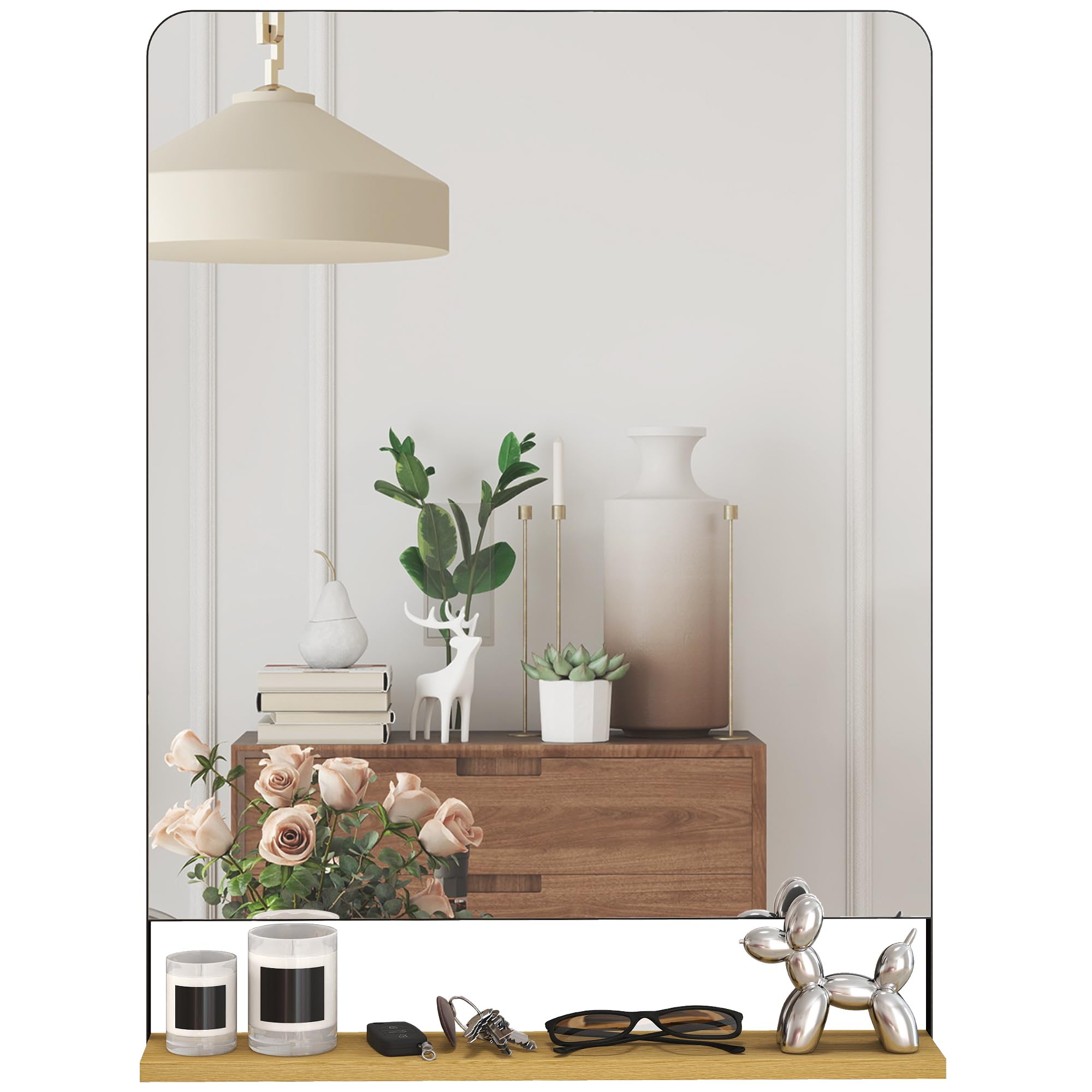 Homcom Black Wall Mirror With Wood Shelf 80 X 60 Cm Decorative Metal Frame