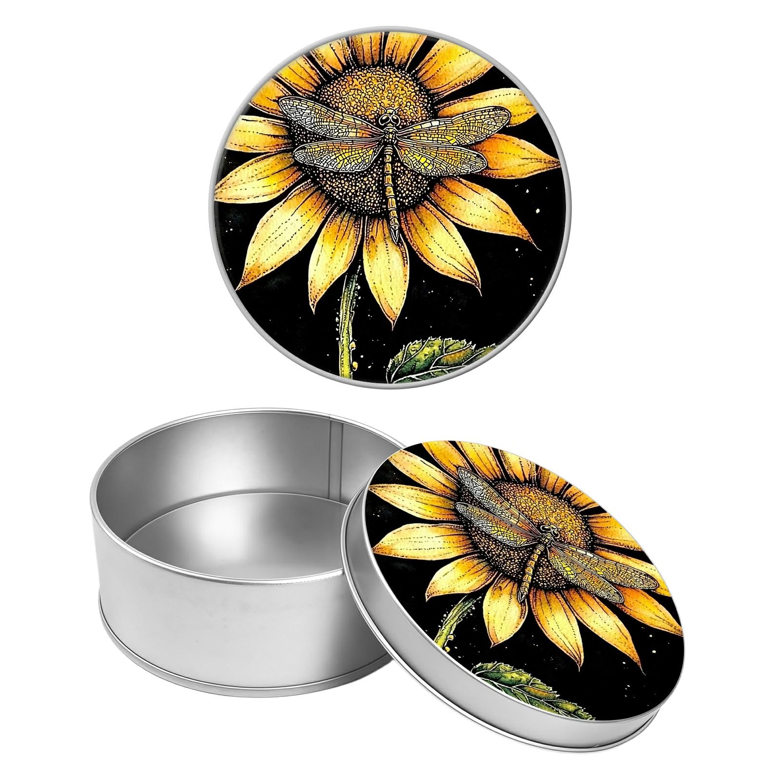 Round Metal Tin Container with Removable Lid, Sunflower Dragonfly Durable Metal Storage Box for Crafts Snacks Candies Office Supplies Small Items 3.54 x 1.38 inch– Single Pack