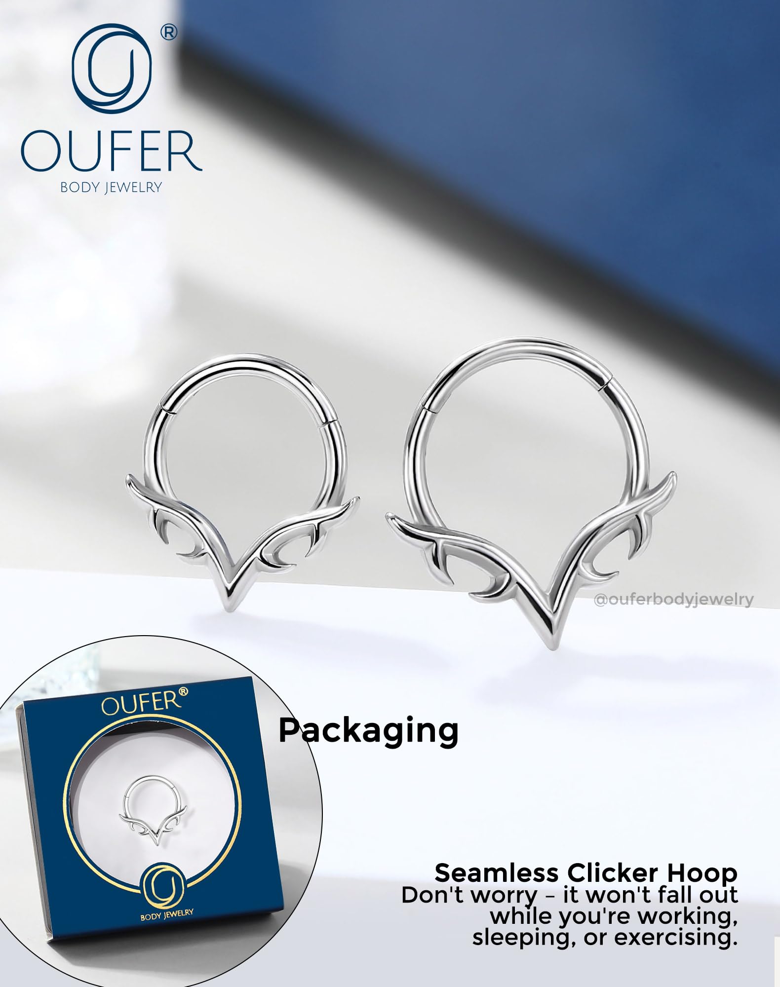 OUFER 16g Septum Rings, Blade Wings Septum Jewelry, V Shape Hinged Segment Clicker, Hypoallergenic Surgical Steel Nose Rings Hoops, Helix Daith Tragus Conch Piercing Jewelry for Women Men Silver/Gold: Silver 16G 10MM