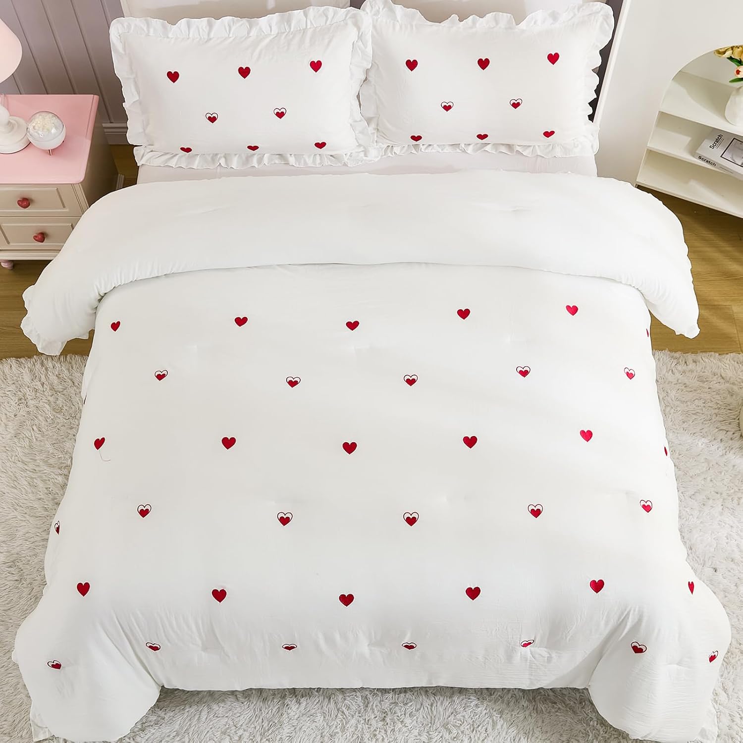 White Ruffle Comforter Queen Red Love Bedding Sets Love Heart Embroidery Design Romantic Girls Couple Bedding Red and White Bed Comforter Sets