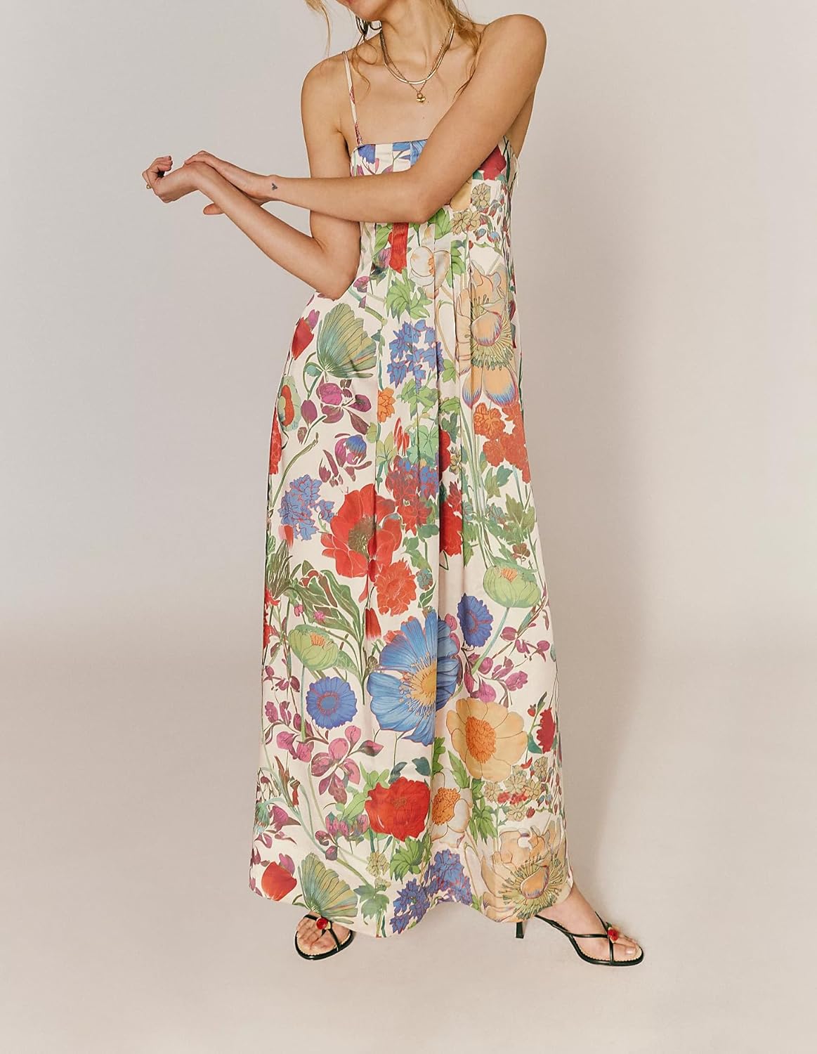 Amiblvowa Women Floral Maxi Dress Sexy Sleeveless Backless A-Line Long Flowy Dress Back Cut Out Spaghetti Strap Sundress