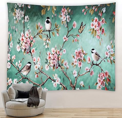 Miniatura 2 de BCNEW Tapiz para colgar en la pared, diseño de flores, pájaros, mariposas, plantas asiáticas, flores y flores, tela de poliéster, decoración de