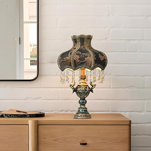 Miniatura 5 de Lámpara de mesa de tela azul, lámpara de escritorio decorativa de flores antiguas, luz nocturna de cristal para mesita de noche de dormitorio