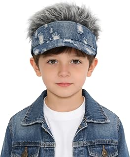 Kids Hair Visor Sun Hat with Hair Fake,Vintage Denim Distressed Novelty Spiked Adjustable Baseball Caps for Boys Girls