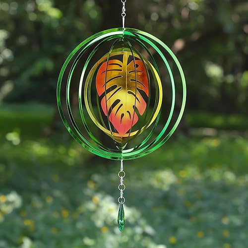 Miniatura 5 de Molinillos de viento de hoja de acero inoxidable 3D para patio, decoración de jardín, esculturas de metal, esculturas de metal Monstera Kinetic Wind