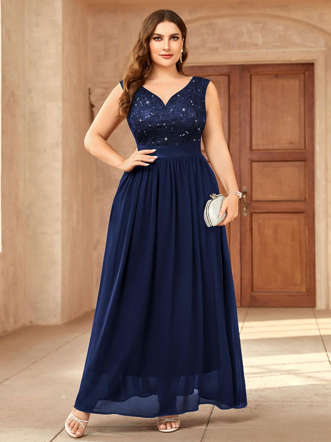 Miusol Women's Plus Size Elegant Lace Contrast Sequin V-Neck Floral Formal Evening Party Maxi Dress - Image 3