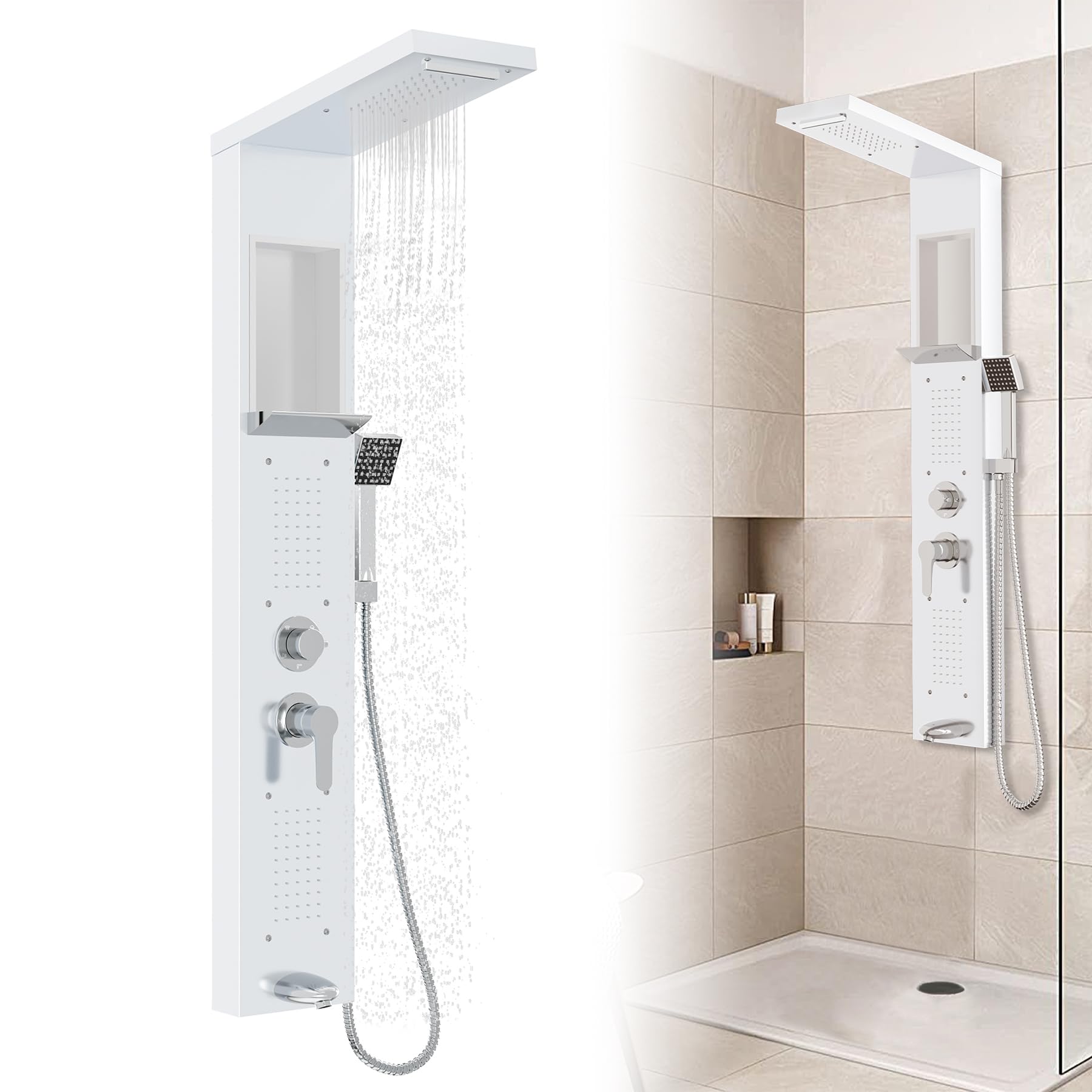 Froadp Kit Doccia a Pioggia in Acciaio Inox, 5 Funzioni, Montaggio a Parete, Set Doccia Completo (Bianco)