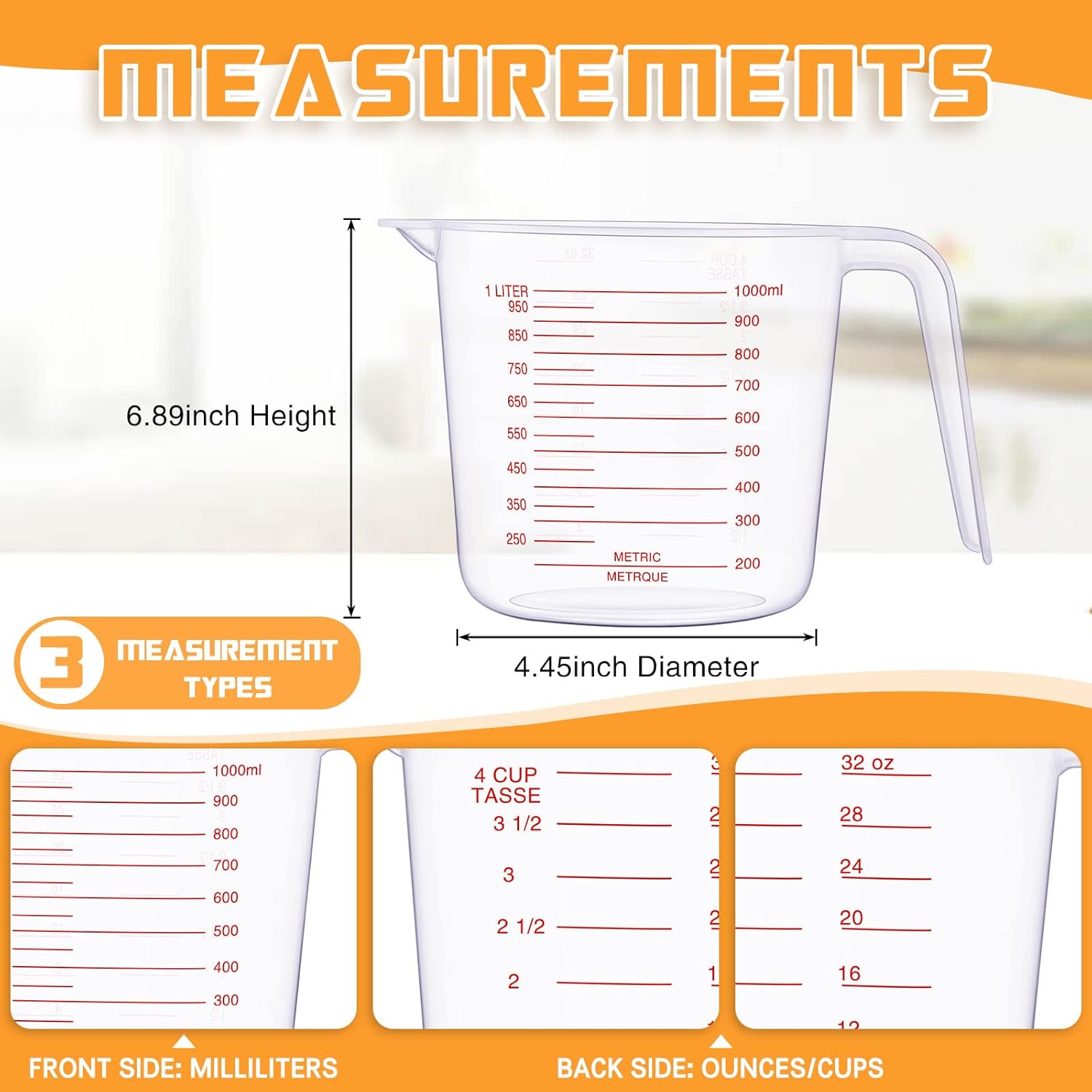 TOODOO 12 Pcs 4 Cup/32 oz Measuring Cups Capacity Clear Plastic Measuring Cups with Spout and Handle Grip 1000 ml Marking for Oil Flour, Water, Liquid, Ingredient