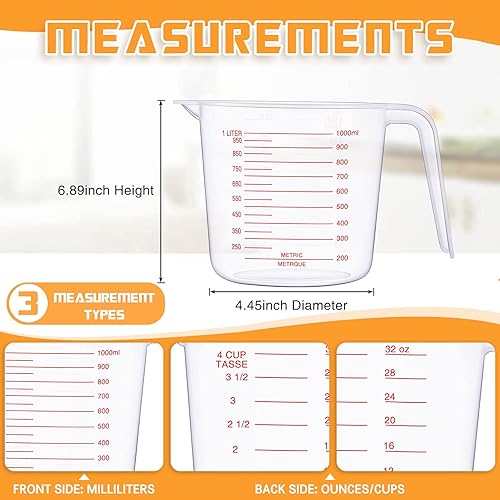 Miniatura 4 de 12 tazas medidoras de plástico con capacidad para 4 tazas, taza medidora transparente con boquilla y mango de 33.8 fl oz, marcado para harina, agua,