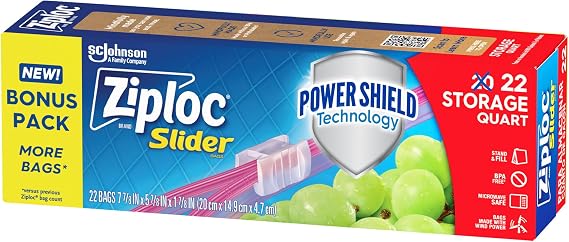 Ziploc Quart Food Storage Slider Bags, Durable, 22 Count
