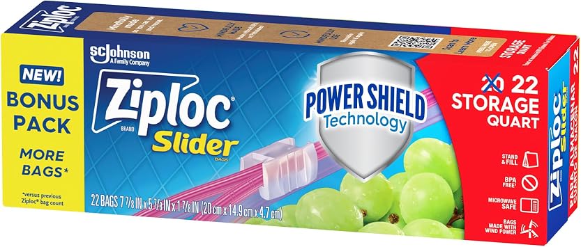 Ziploc Quart Food Storage Slider Bags, Durable, 22 Count