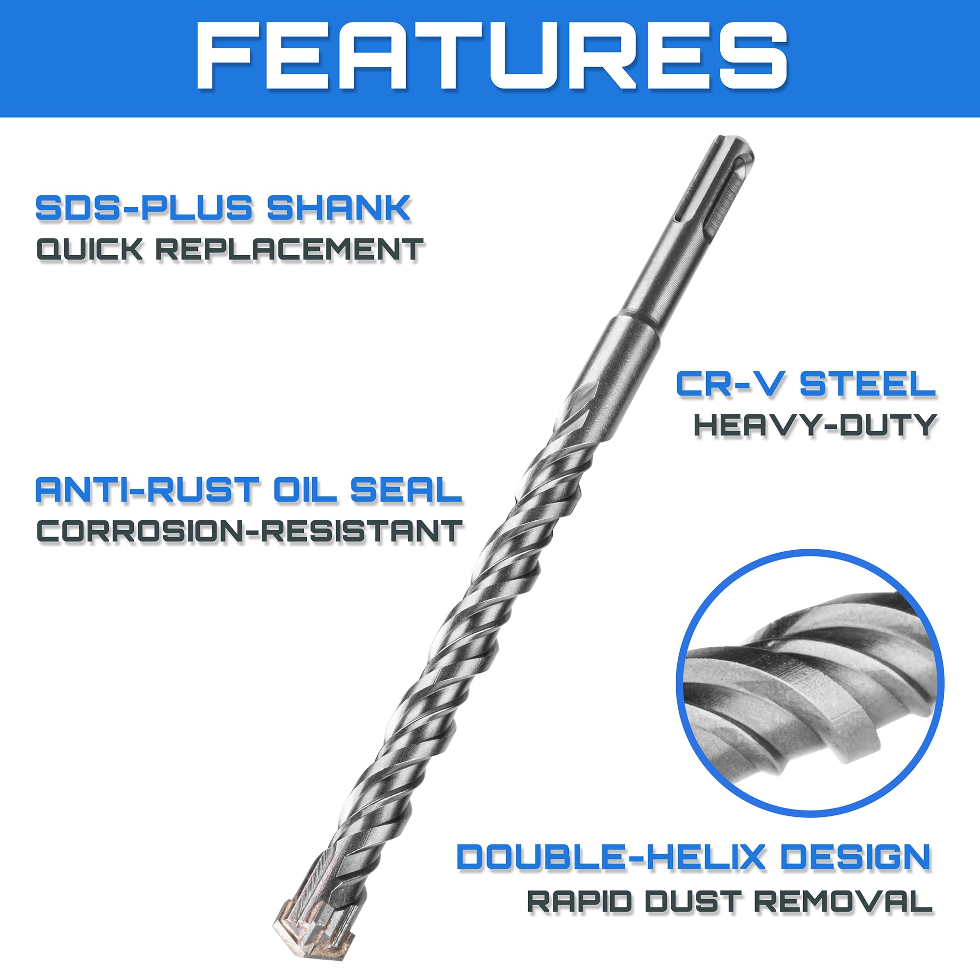 SDS Plus, Punta In Carburo Di Tungsteno, Punta Per Martello Completamente Indurita, Per Uso Su Granito, Cemento E Muratura, 6,5 Mm X 210 Mm (confezione Da 5 - Foto 9