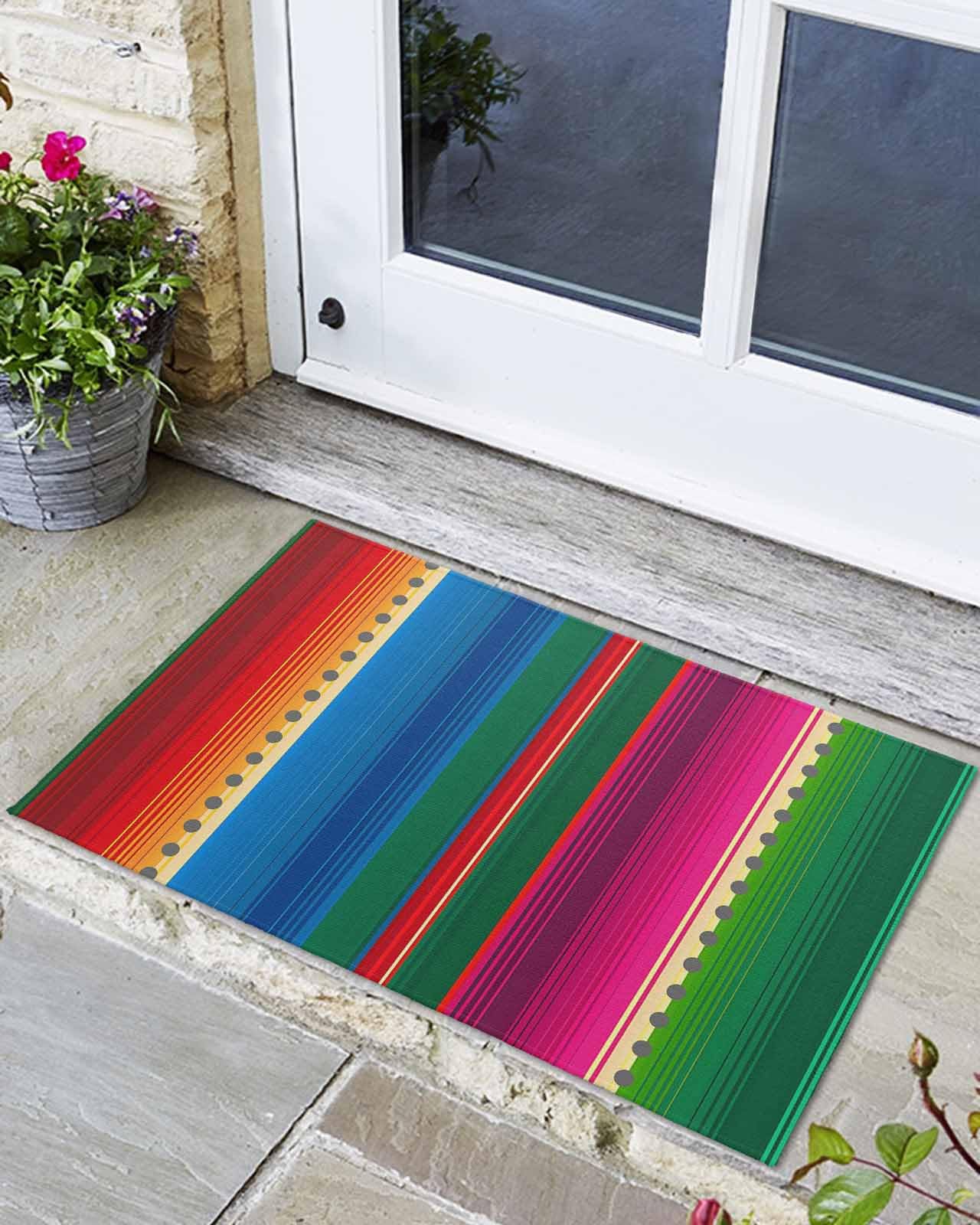 Indoor Door Mat Washable Mat 16x24 Inch - Outdoor Non-Slip Mat Absorbent Resist Dirt Doormats Mexican Colorful Stripes Floor Mat for Entryway Patio