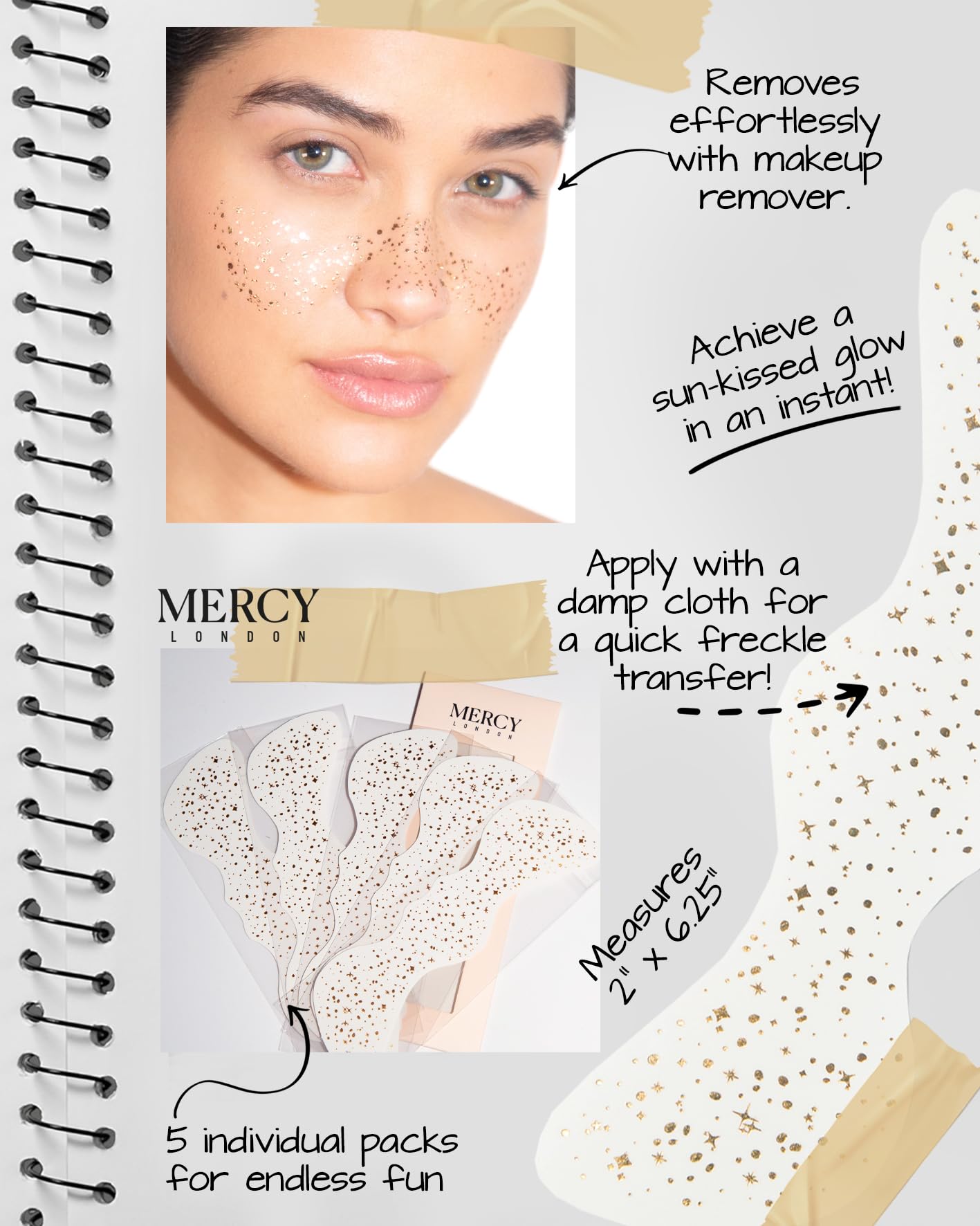 MERCY LONDON Gold Freckle Makeup, 5 pieces Natural & Long-Lasting Faux Freckles, Easy to Apply & Remove, Waterproof - Image 2