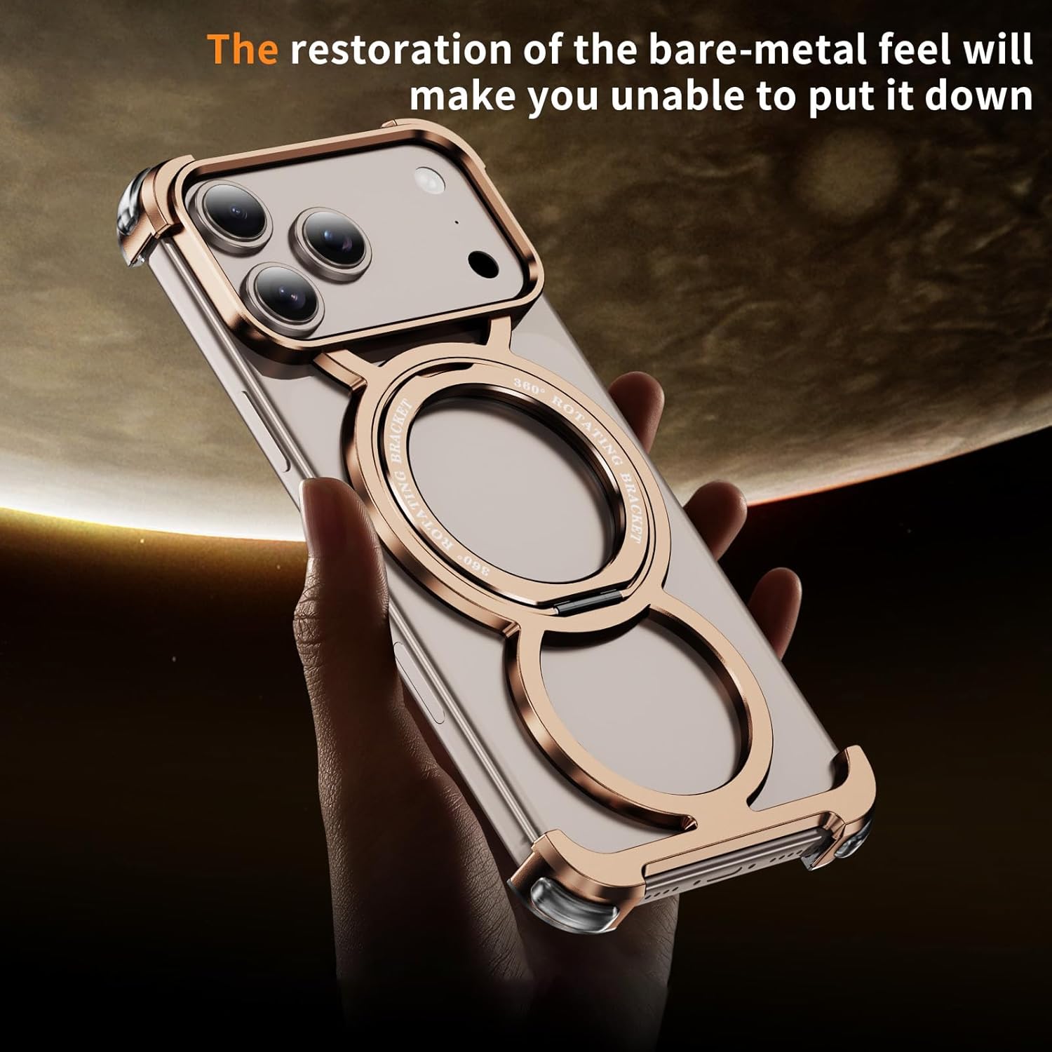 Skeleton Case for iPhone 17 Pro Max, Titanium Metal Frame with 360° Magnetic Ring Stand, Military-Grade Drop Protection, Shockproof Bumper, Compatible with MagSafe(Gold)