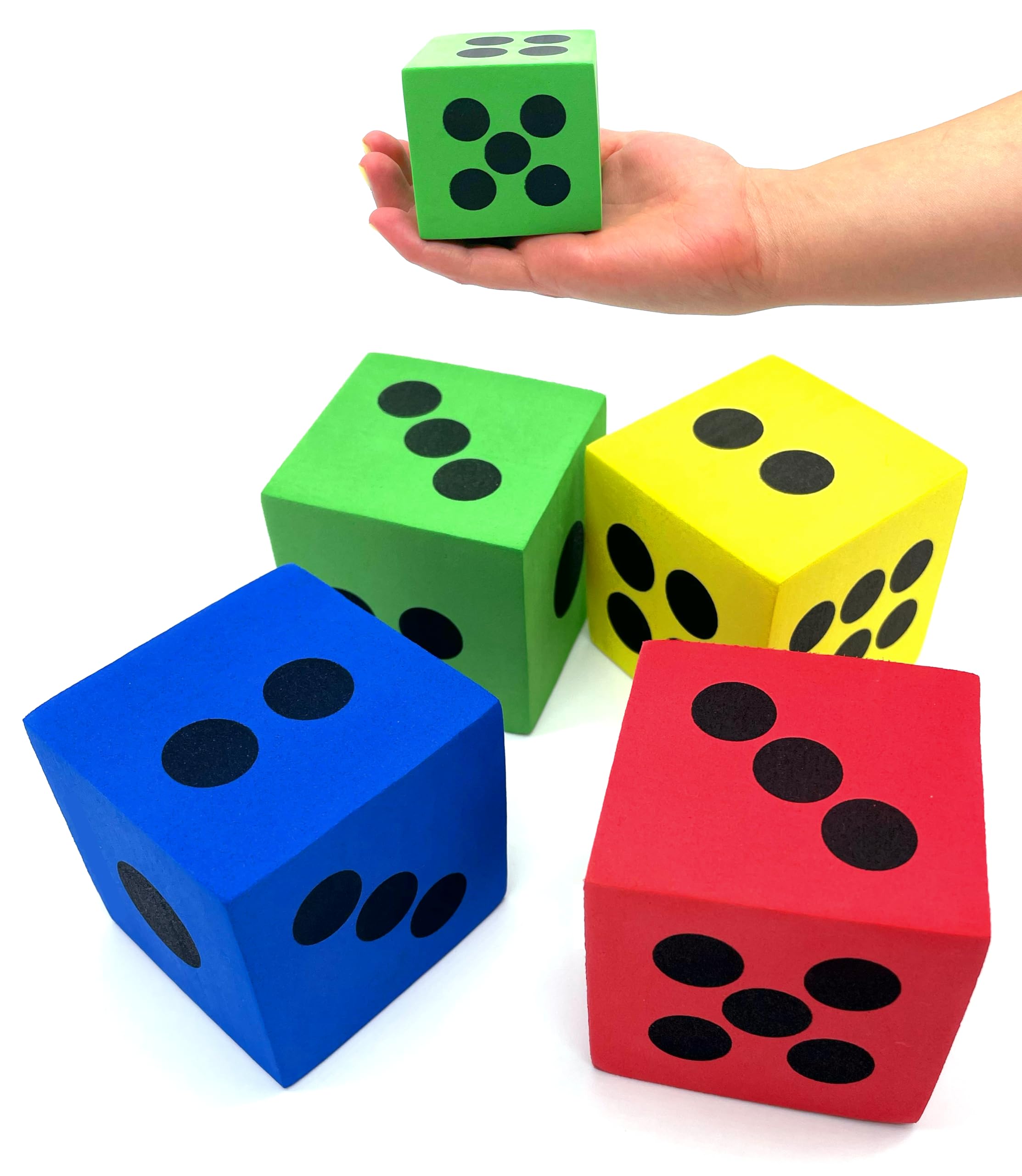 4 Foam Jumbo Playing Dice - Red, Yellow, Blue, Green - Kids Outdoor/Indoor Games, Classroom Supplies