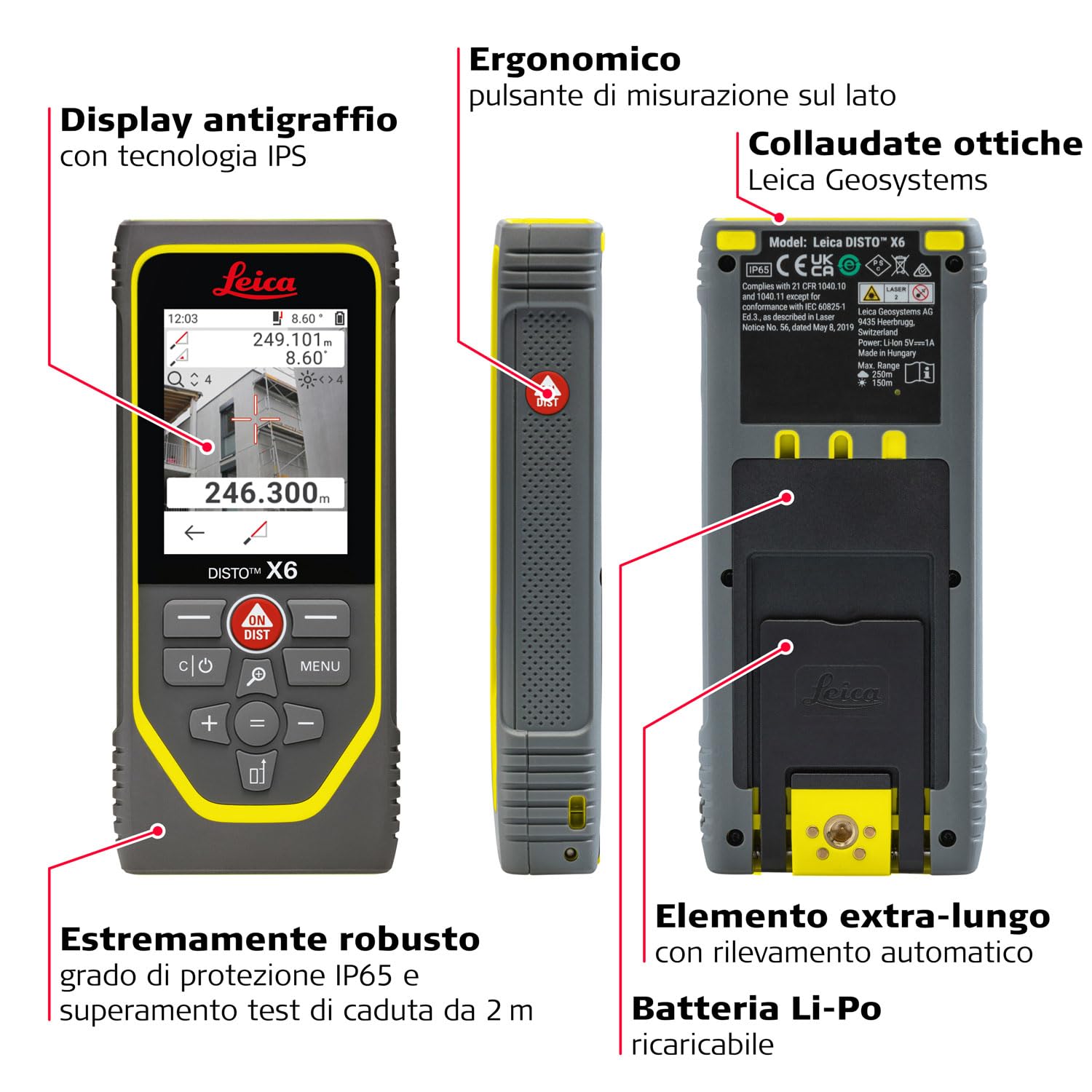 Leica DISTO X6 – metro laser robusto (classe di protezione IP65) con Bluetooth uso con app e fotocamera del mirino per misurazioni della distanza nelle condizioni più difficili (uso esterno e interno)