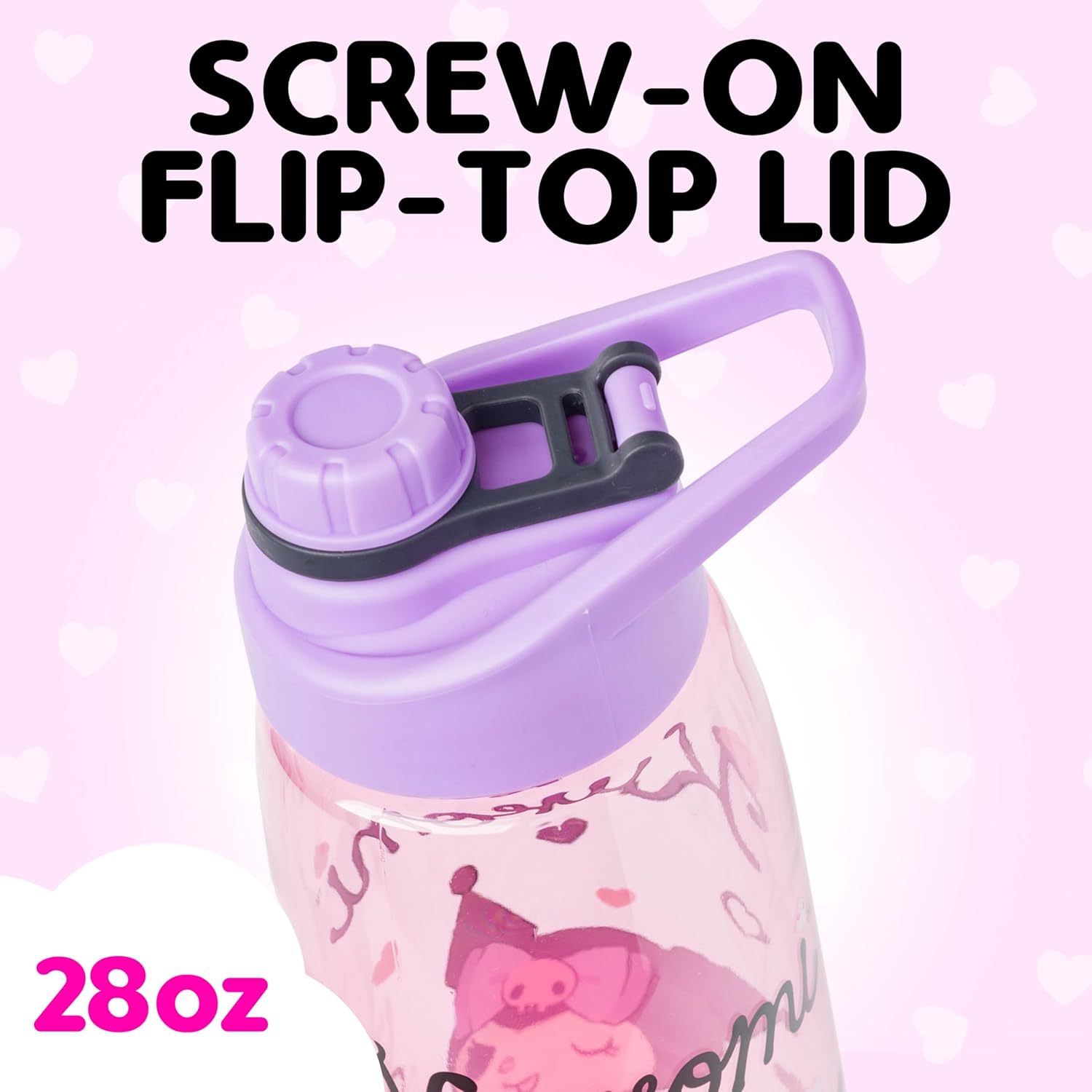 Silver Buffalo Sanrio Hello Kitty and Friends Kuromi Cherry Hearts Water Bottle with Screw-On Lid, 28 Ounces - Image 3