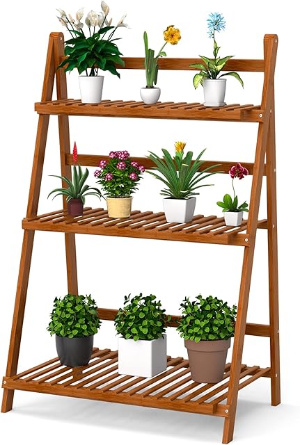 COSTWAY 3 Tier Bamboo Plant Stand, Multi Layer Folding Flower Pots Rack Shelves Plants Ladder for Balcony Living Room Patio (Brown)