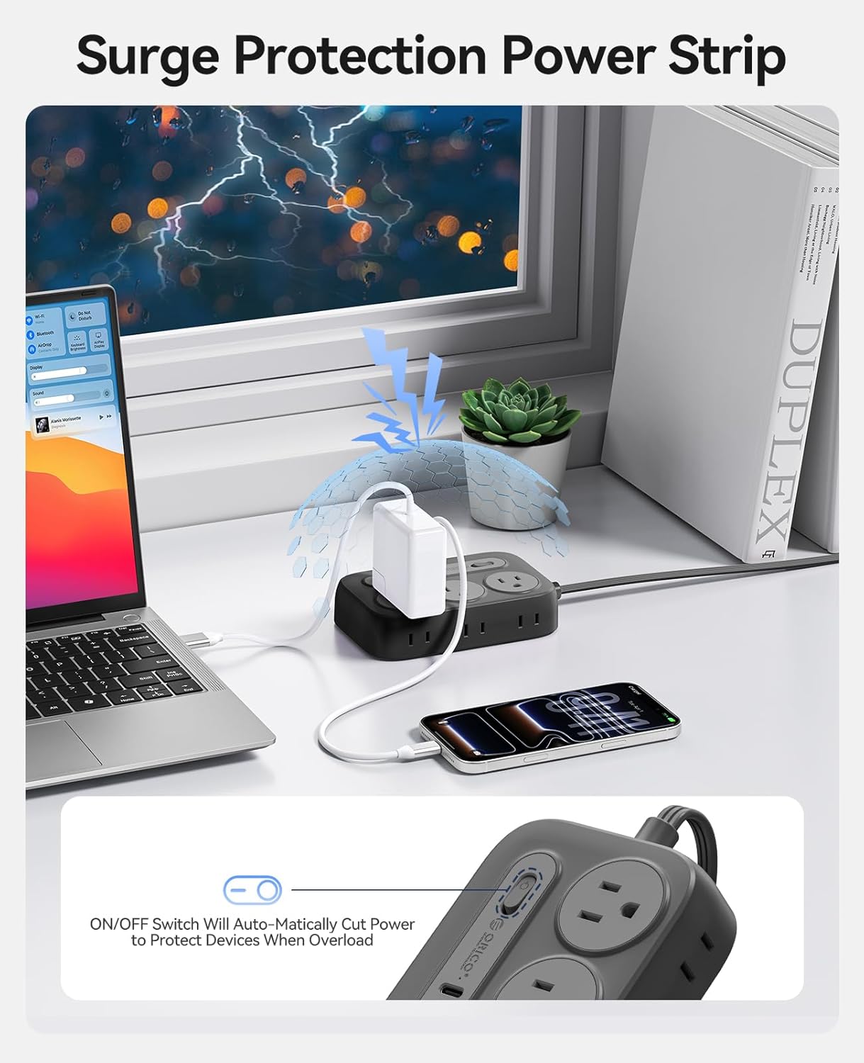 ORICO Surge Protector Power Strip, PD20W Multiple Outlets Extension Cord with 6 AC Outlets and 4 USB Charging Ports (2 USB-C), 45° Flat Plug, 5 Ft Mountable Outlet Extender for Home/Office/Dorm - OG