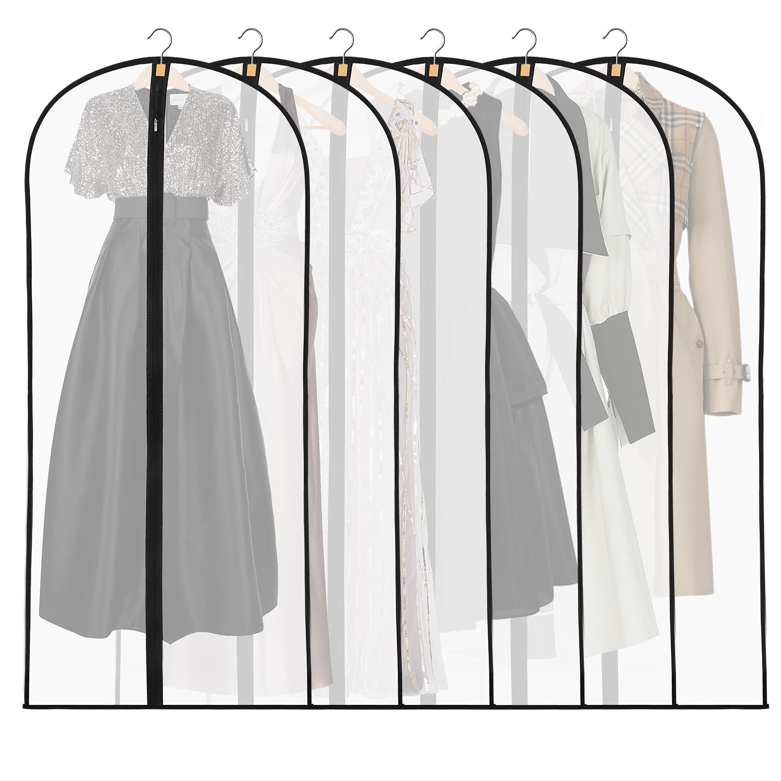 Dntorx 6 Stück Kleidersack Lang, 60 x 140 cm Kleidersäcke PEVA Transparente Kleiderschutzhülle mit Reißverschluss Wasserdichte Staubdichte Kleiderhülle für Abendkleider Trenchcoats Anzüge Mantel