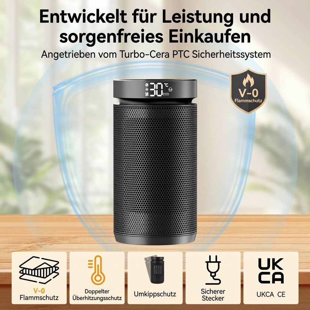 Heizlüfter 1500W, energieeffiziente Elektroheizung für zu Hause, kleiner tragbarer Elektroheizkörper mit Thermostat 12-Stunden-Timer, Kipp- und Überhitzungsschutz für Schlafzimmer, Büro und Innenräume
