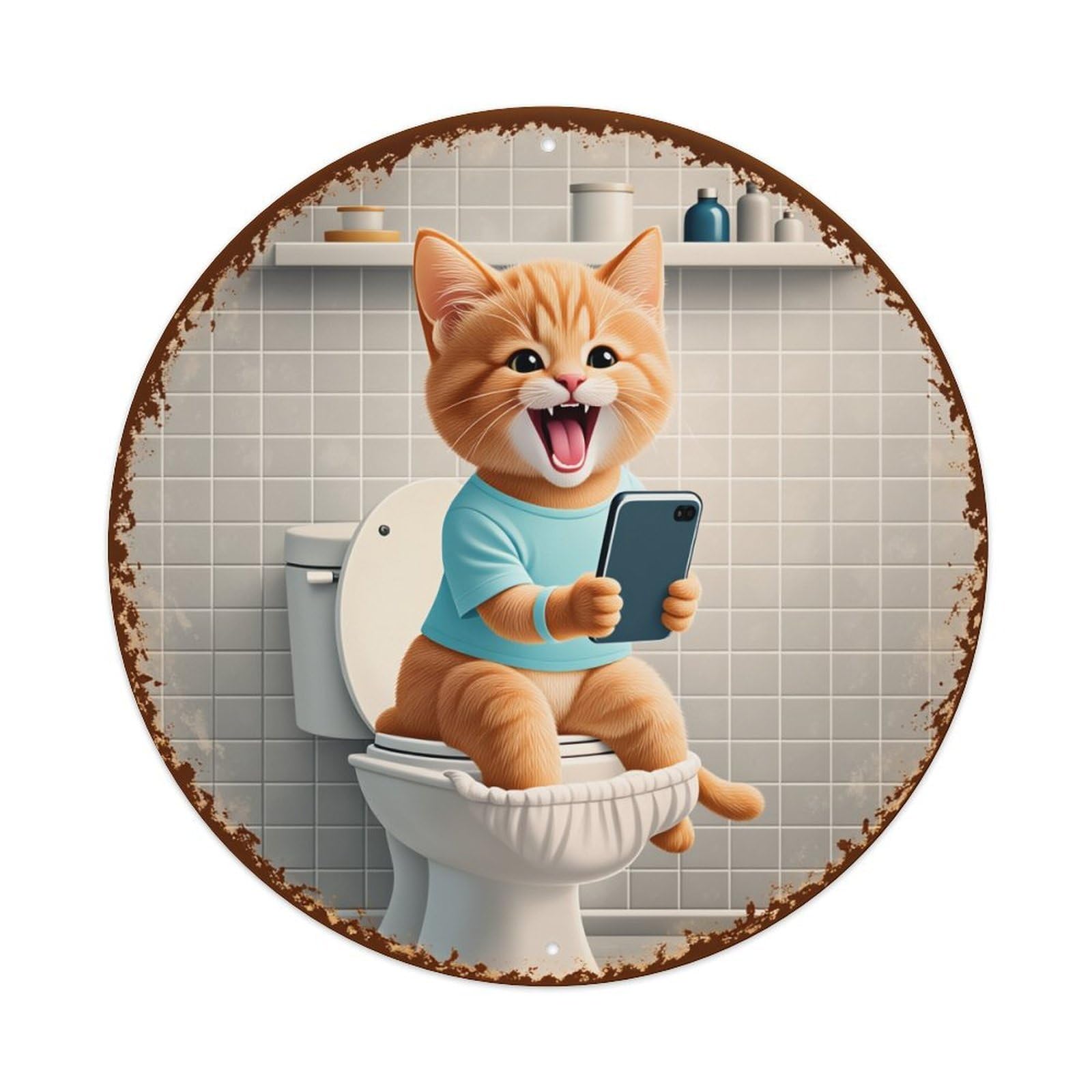 Cat On Toilet With Phone Metal Tin Sign Vintage Garden Bedroom Cafe Bar Man Cave Home Wall Decor Metal Poster 8x8 inches