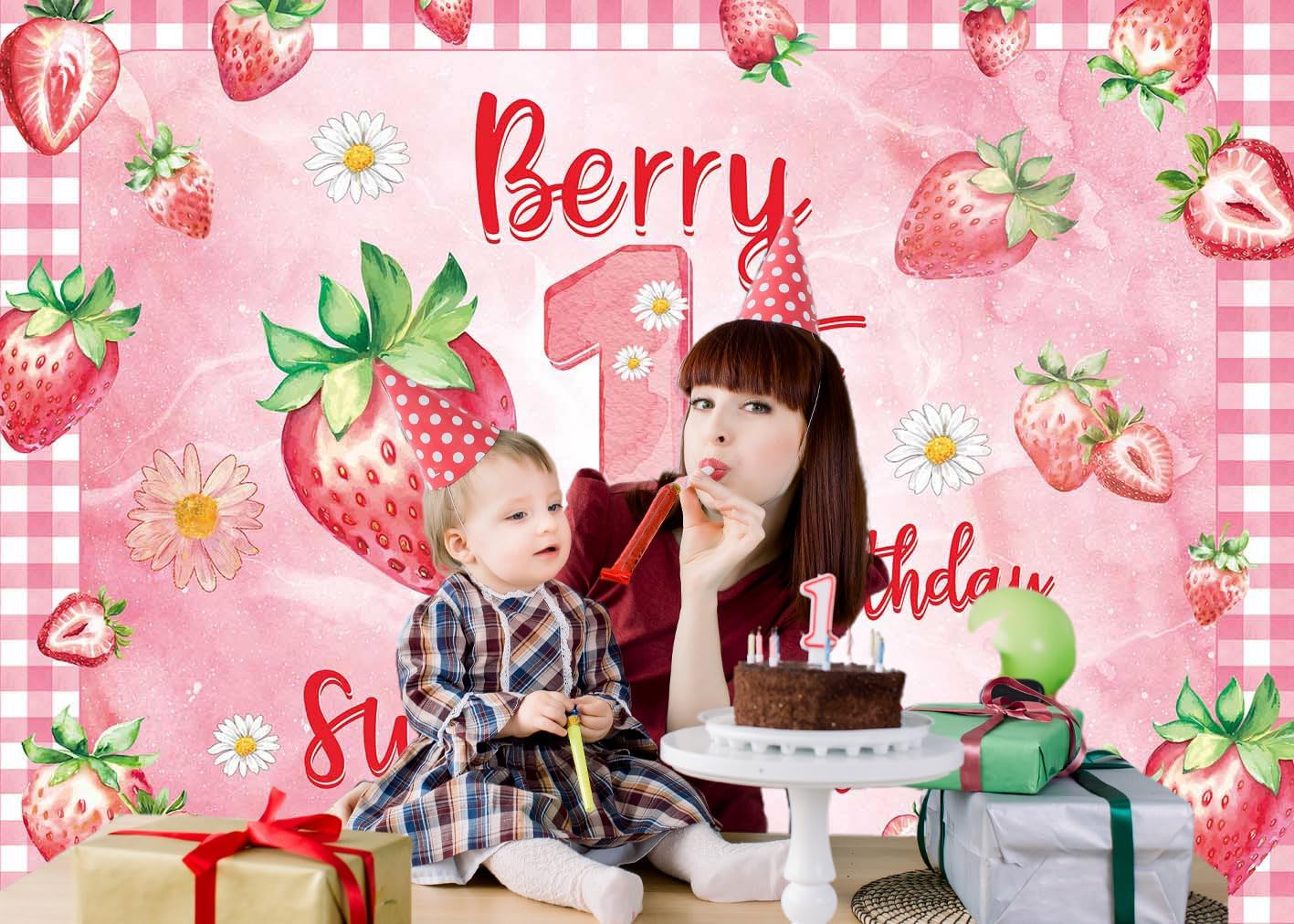 Berry First Birthday Backdrop Banner 8x6ft Strawberry 1st Birthday Photography Background Strawberry Shortcake Sweet One Berry Party Decoration Photo Booth Studio Props