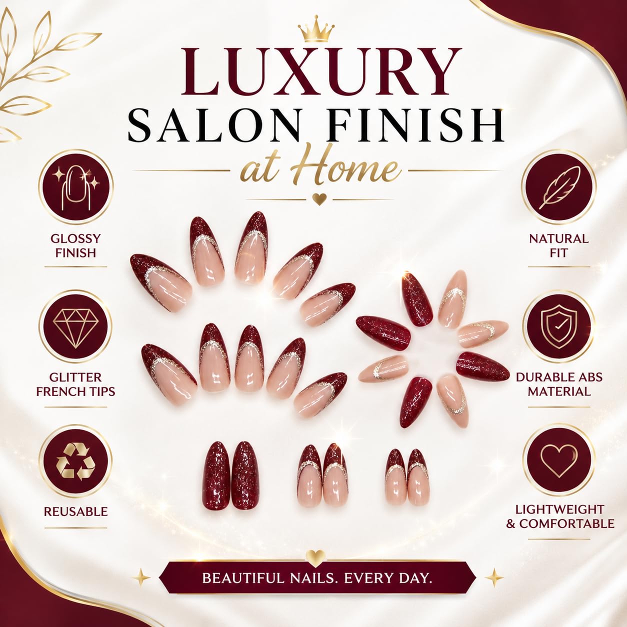CherryBox 24 Pcs Almond, Stiletto French Tip, Glossy Fake Nails with Silver Glitter Design, Reusable Acrylic Stick on for Women Girls (Jelly Glue Adhesive Tabs and Glue Included) Red Colour 2