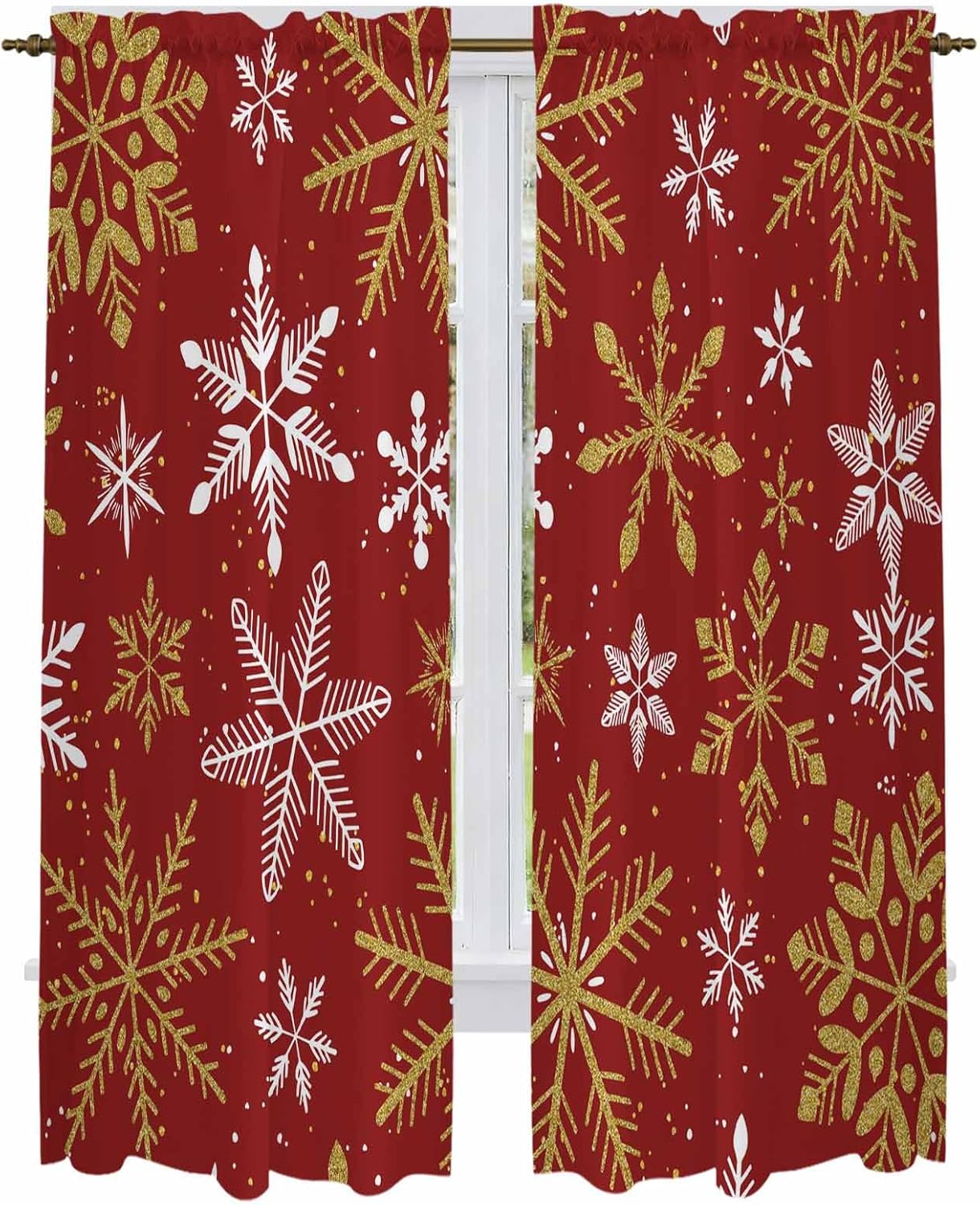 Christmas Yellow Snowflake Window Curtains 72 Inch Long 2 Panel Set, Rod Pocket Long Curtains & Drapes, Winter Xmas Classic Red Light Filtering Window Treatment for Bedroom Living Room 52"W x 72"L