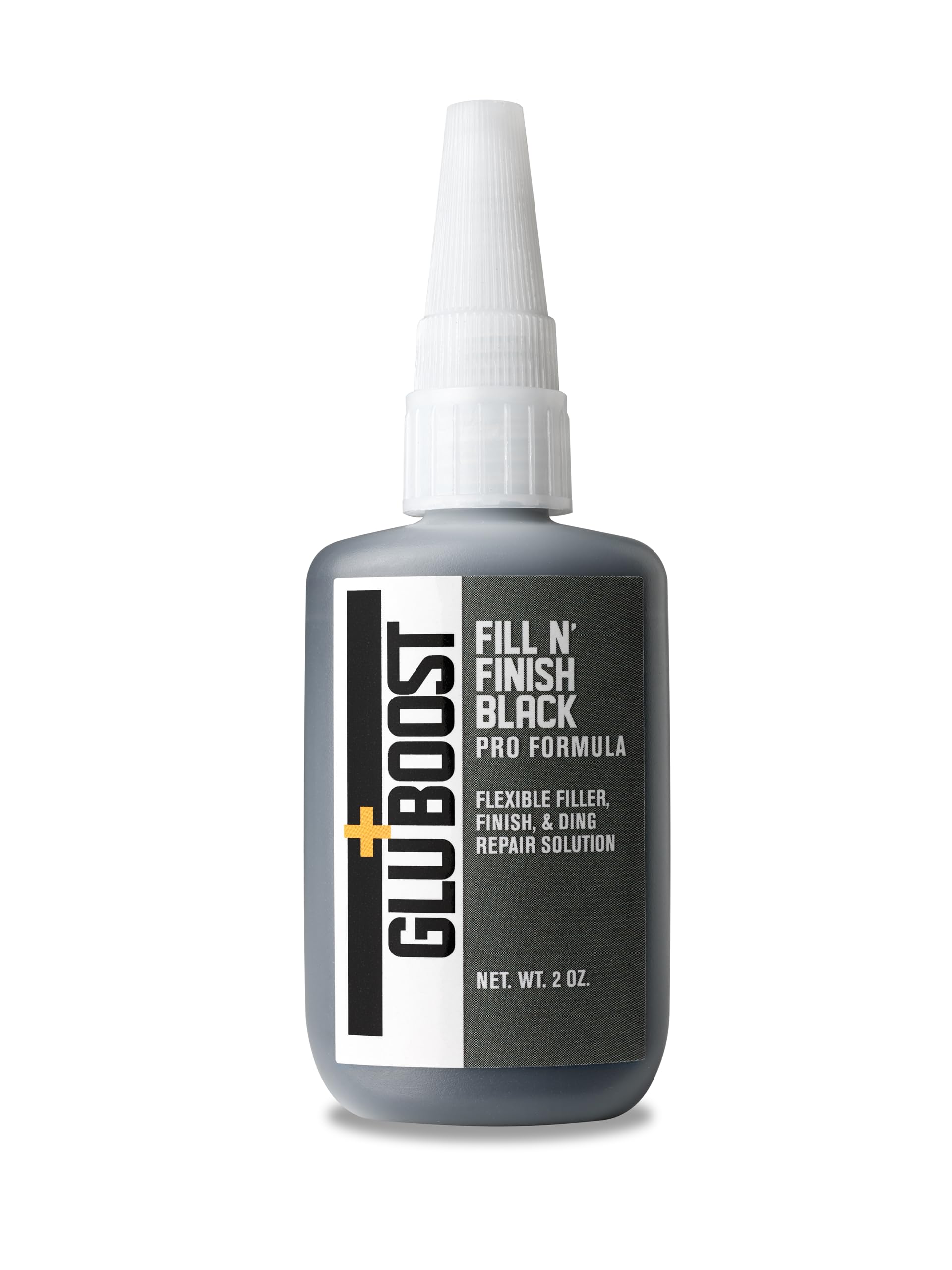 GluBoost Fill n' Finish Black - Flexible Non Cracking and Durable Self-Leveling Wood Clear Pore Filler Finish - Ding Repair Solution - Black - 2 Oz