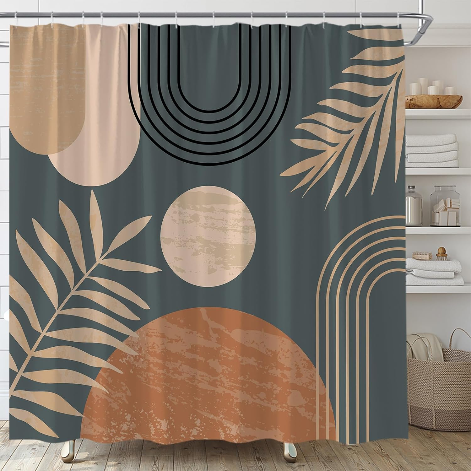 Mid Century Modern Shower Curtain Boho Grey Abstract Retro Aesthetic Fabric for Bathroom Decor Bathtub with Hooks (70" WX84 H)