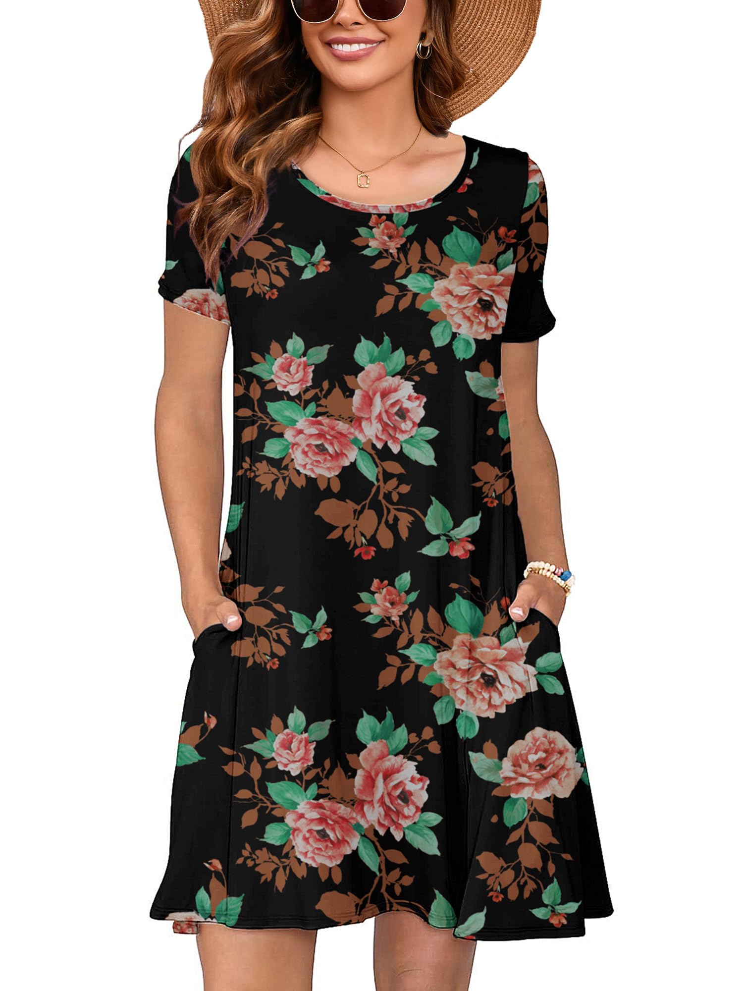 Heymoments Summer Dresses for Women Short Sleeve Crewneck Swing Sundress Casual A-Line Flowy Dress with Pockets S-2XL