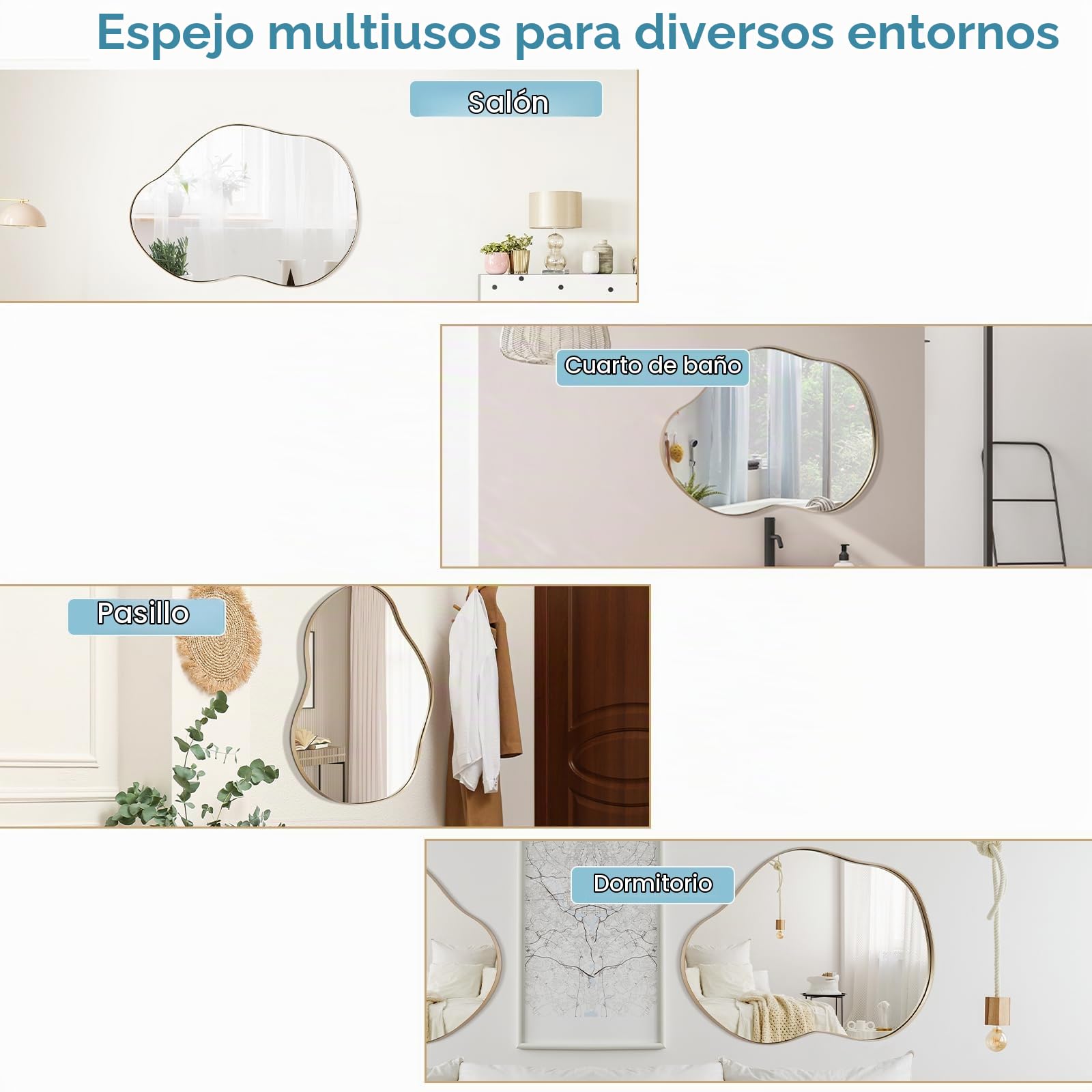 LIFEZEAL Espejo Decorativo de Pared, Espejo de Baño de Forma Irregular con Marco de Metal, Espejo asimétrico para Colgar en el Dormitorio, 56 x 78 cm (Dorado)