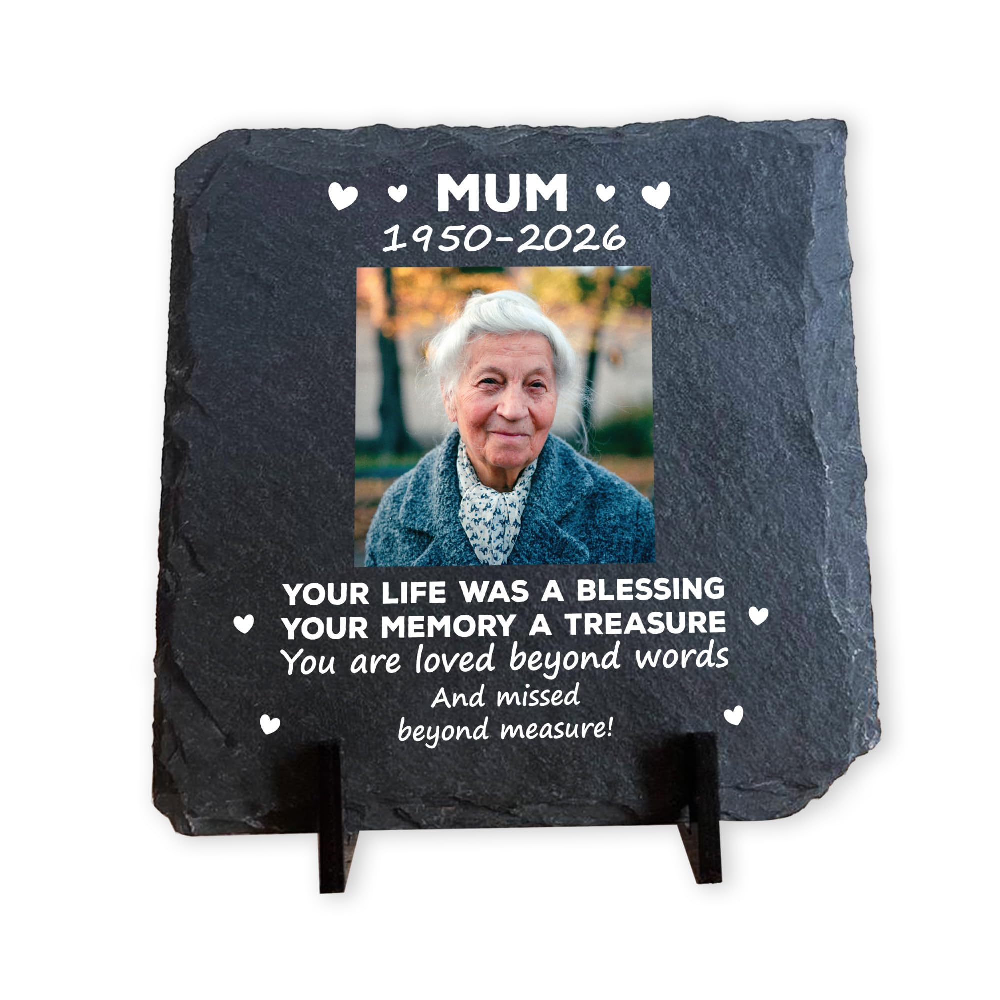 Red Ocean Personalised Mum Memorial Plaque with Photo - Forever in Our Hearts - Custom Slate Remembrance Gift for Loss of Mum - Sympathy Keepsake Ornament (Loved Beyond Words)