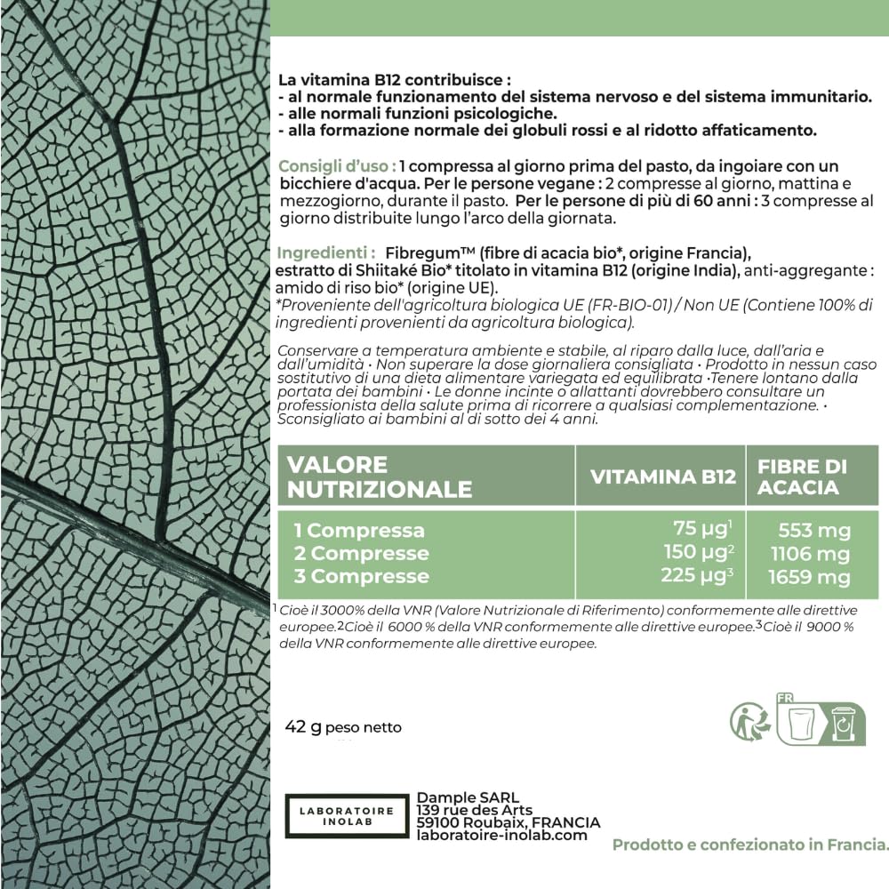INOLAB Prima Vitamina B12 Biologica e vegana altamente assimilabile | 3 forme naturali Bio e attive di B12 | Metilcobalamina Adenosilcobalamina idroxocobalamina | Senza additivi | 60 compresse