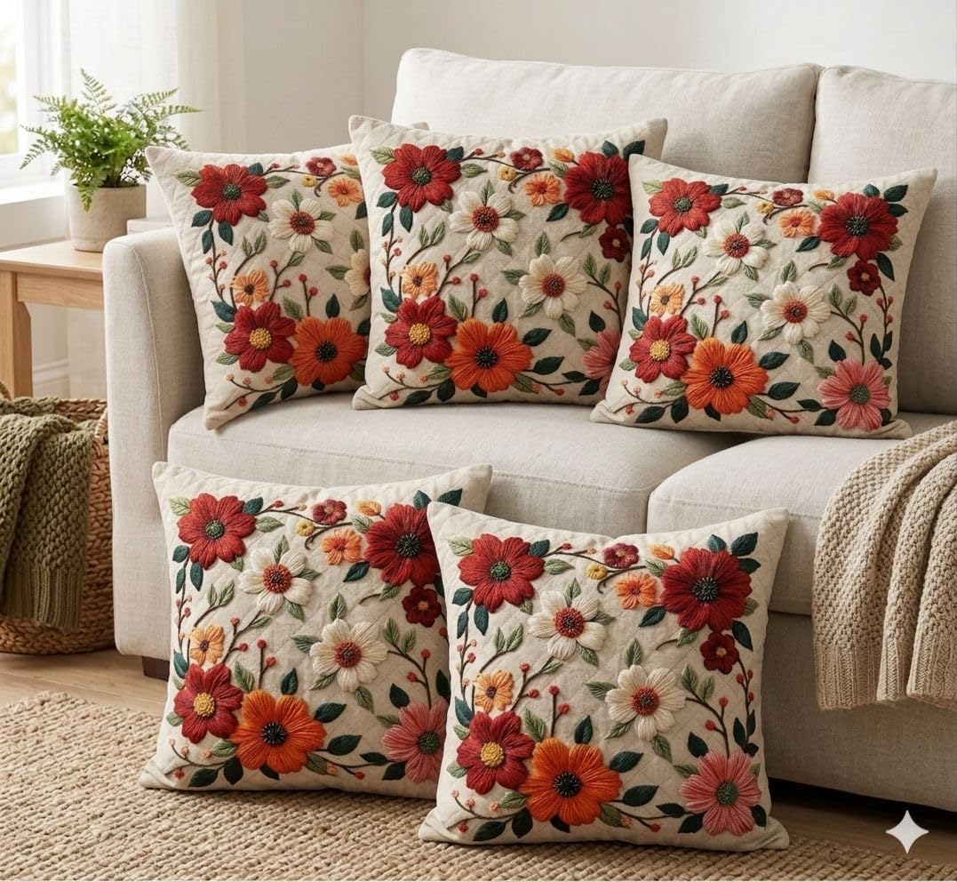 BALLEY Floral Daisy Embroidered Quilted Cushion Covers, Colourful, Pack of 5-image-14