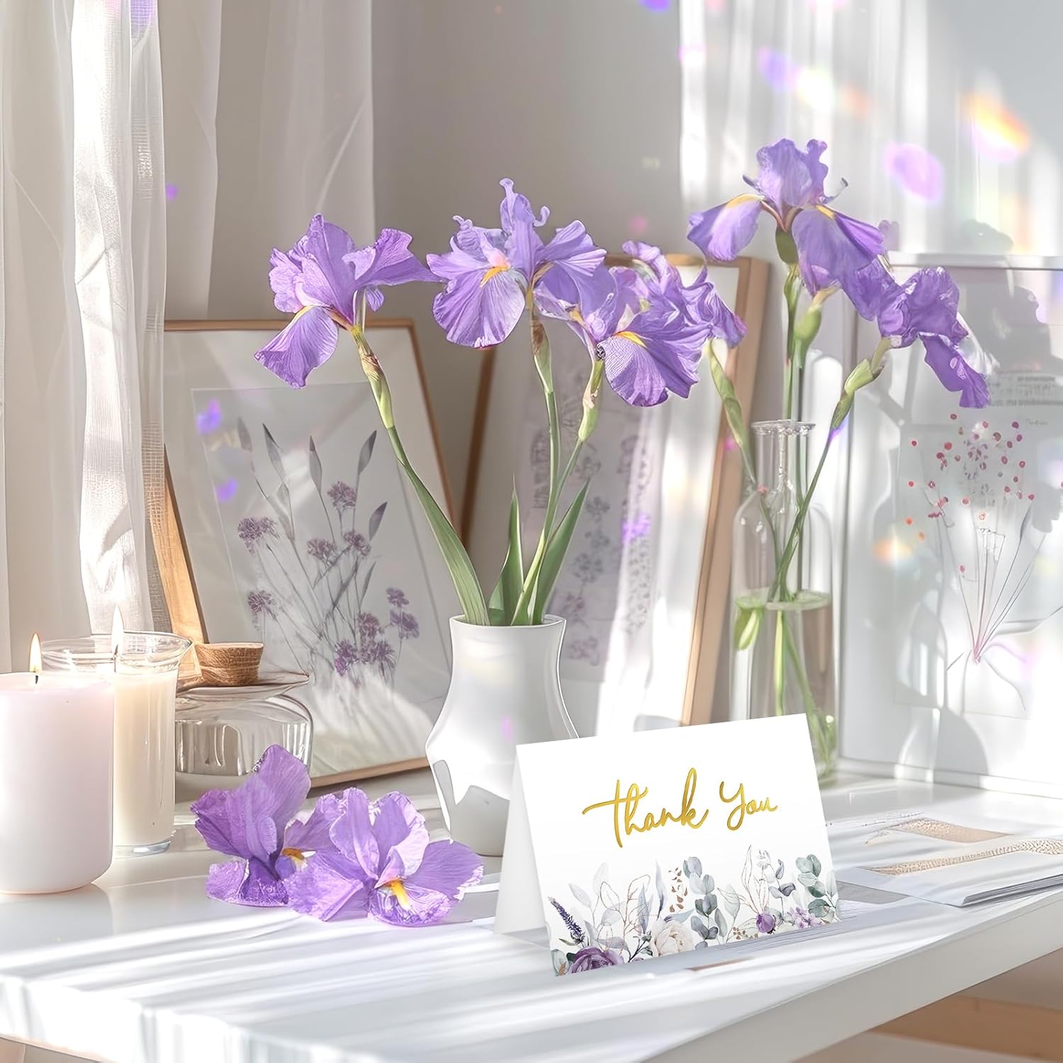JarThenaAMCS 48 Pack Floral Thank You Cards Greeting Card Purple Flower Gold Foil Blank Note Cards with Envelopes Stickers Glue Stick for Wedding Bridal Baby Shower Birthday - Image 6