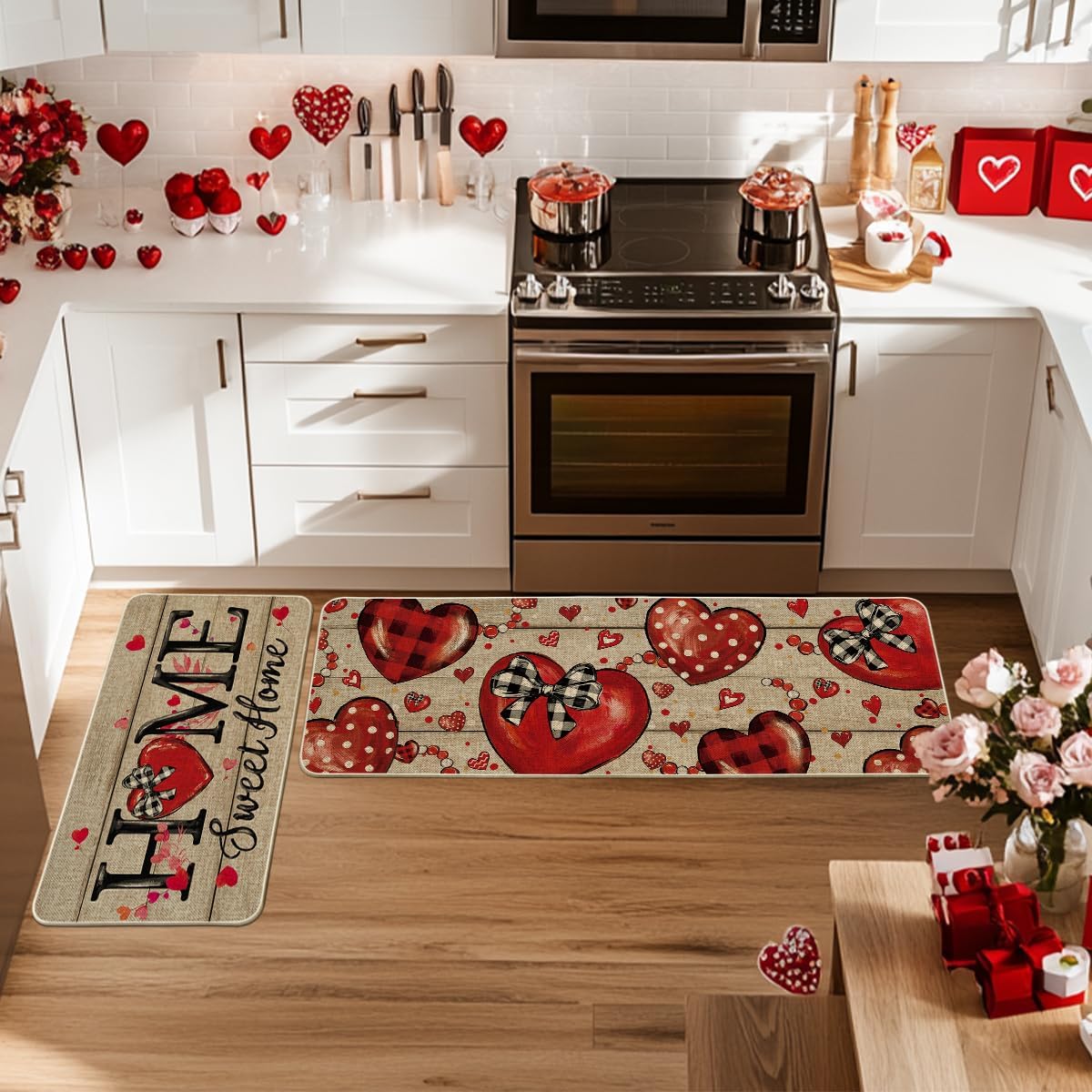 Artoid Mode Home Sweet Home Heart Beads Valentines Kitchen Mats Set of 2, Low-Profile Home Decor Kitchen Rugs for Floor - 17x29 and 17x47 Inch