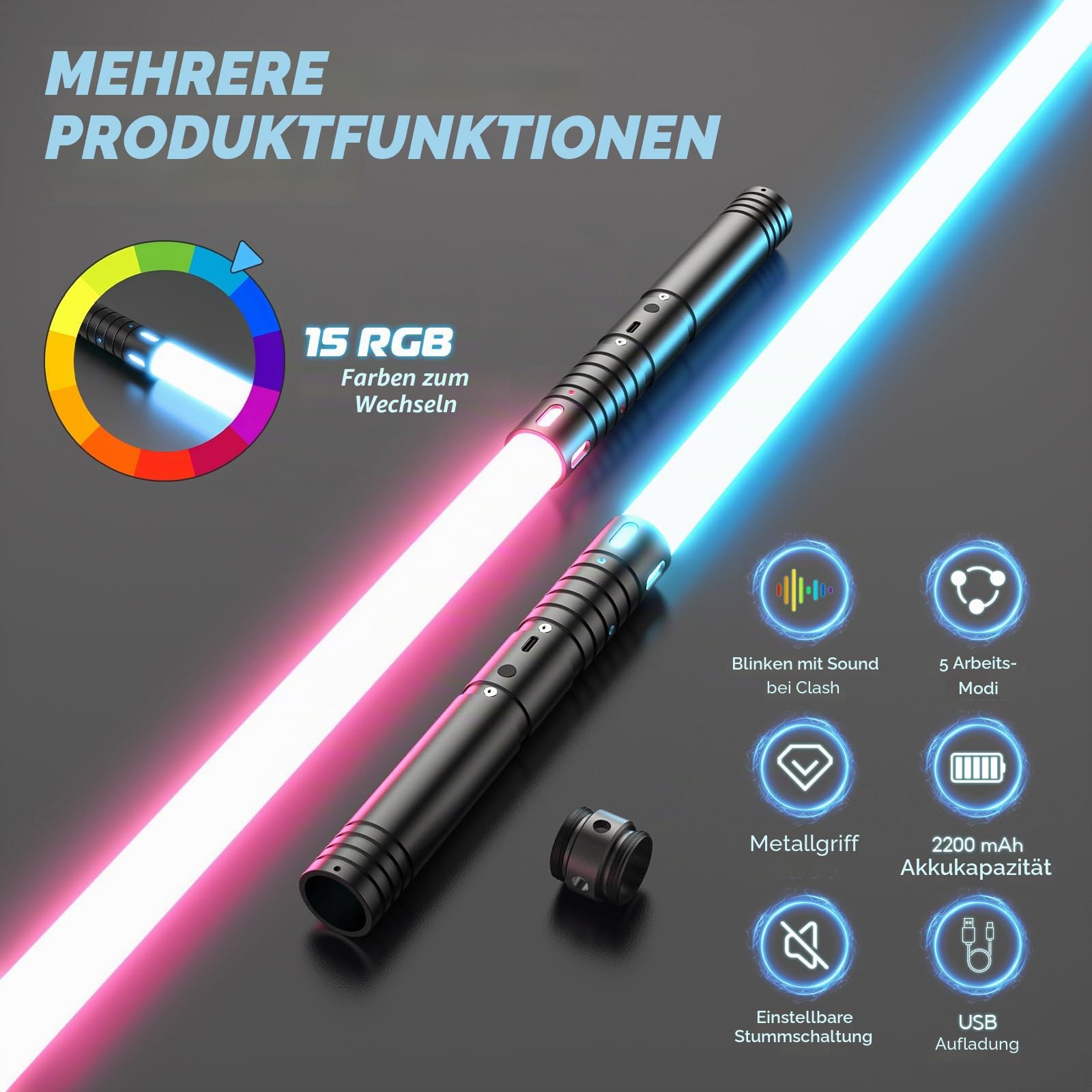 Laserschwert Kinder, RGB 15 Farben 2 in 1 Lichtschwert, Duell Lightsaber mit 4 Modi und Sounds, USB-C Wiederaufladbar FX Lichtschwert Spielzeug für Kinder und Erwachsene Halloween Cosplay(60CM 2PC)