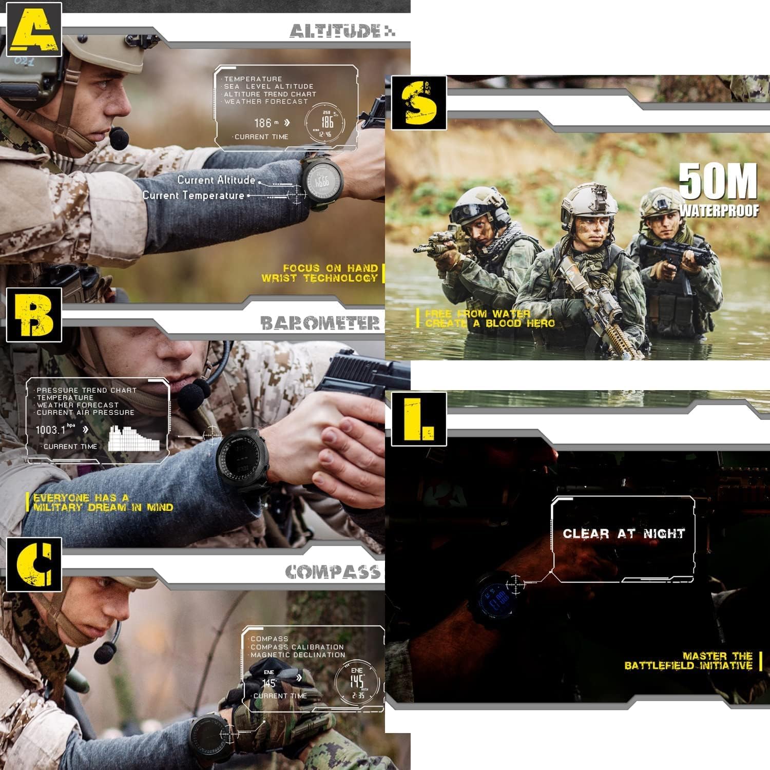Apache Orologio tattico da uomo, orologio digitale militare per esterni, con bussola, altimetro, barometro, termometro, previsioni meteo, contapassi, impermeabile fino a 50 m, cassa in metallo