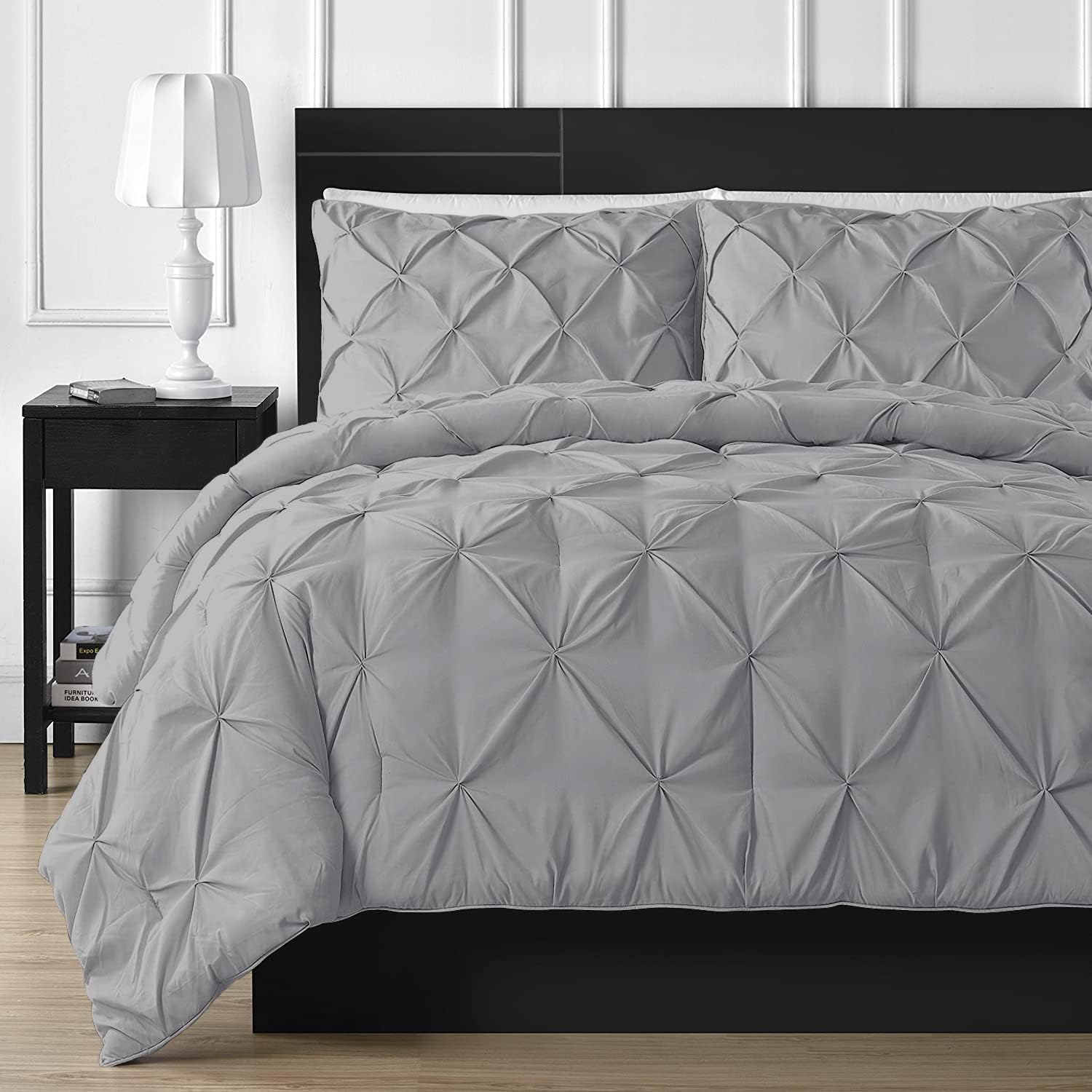Pinch Pleated 3 Piece Duvet Cover Set 100% Egyptian Cotton 800 Thread Count with Zipper & Corner Ties, Queen/Full (90" x 90") Size - Silver Solid