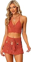 Vista 7 de Allegra K Conjunto de bikini de 2 piezas para mujer, top con huecos, minifalda, verano, playa, conjuntos de punto de ganchillo