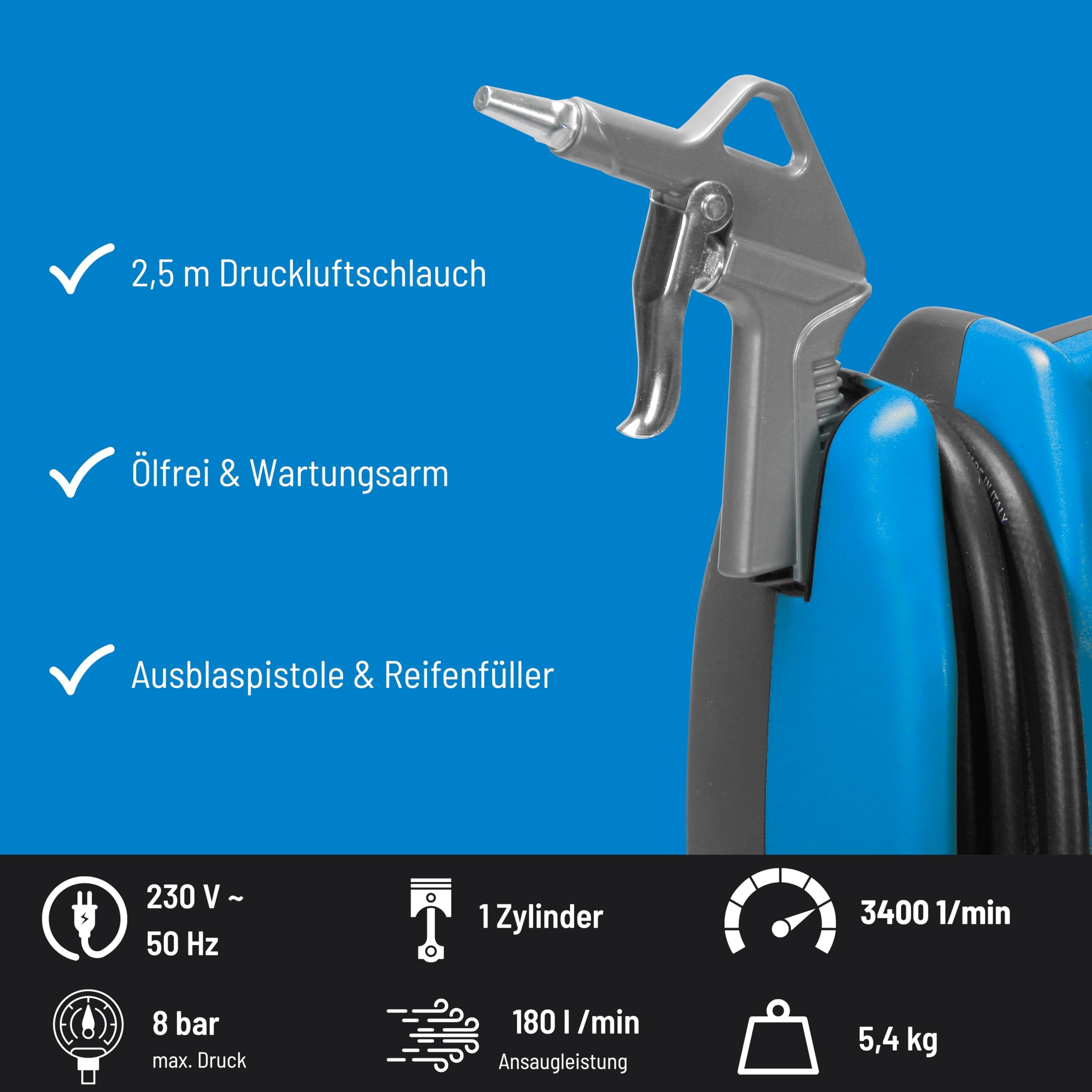 Güde Kompressor Airpower 180/08 (ölfrei & wartungsarm, Riemenantrieb, 8 bar, 1100 W, eff. Liefermenge 140 l/min, 2,5 m Druckluftschlauch mit Schnellkupplung, inkl. Zubehör)