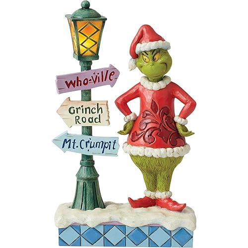 Enesco Dr. Seuss The Grinch by Jim Shore Standing by Street Lamp Lit Figurine, 10.24 Inch, Multicolor