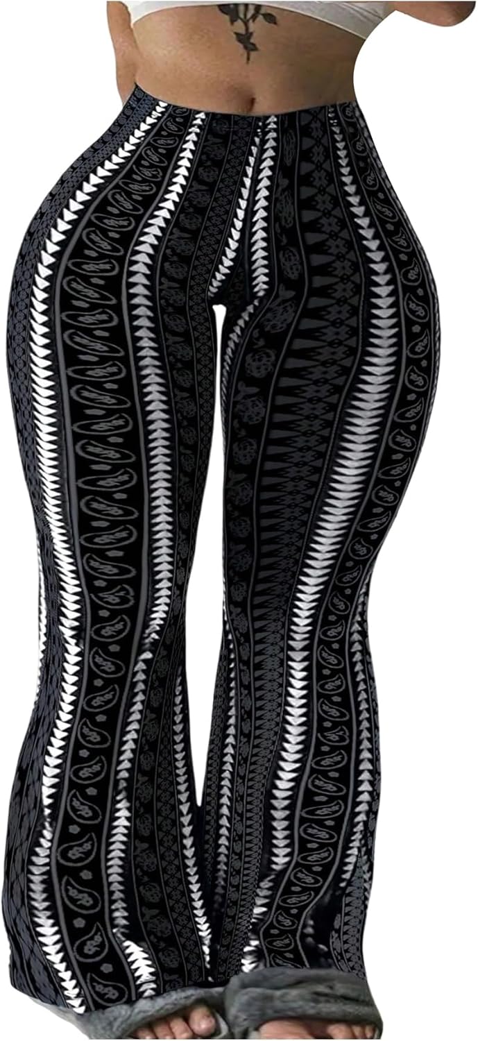 SOLY HUX Women's Plus Size Y2k Legging Printed Elastic Waist Bell Bottom Flare Leg Street Pants