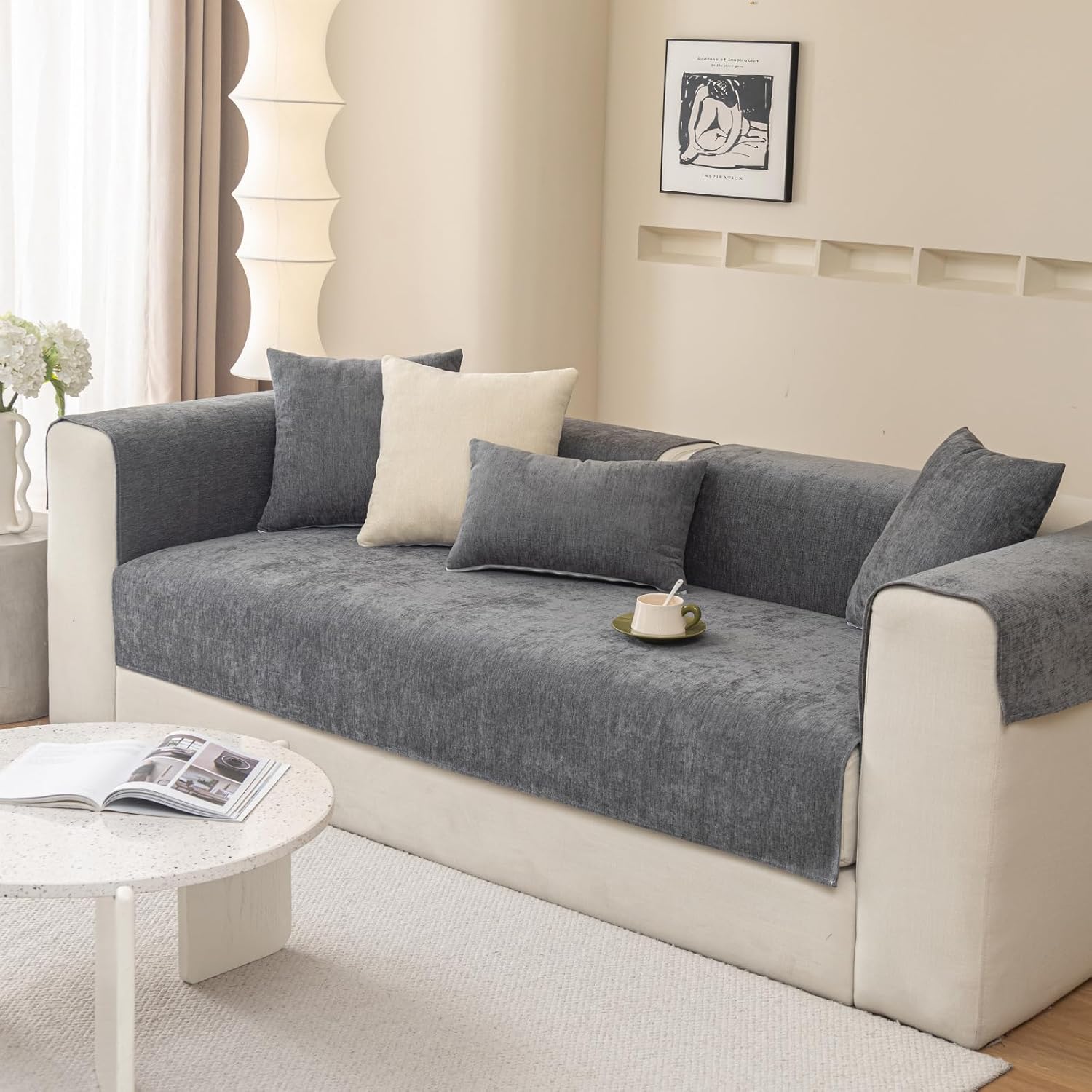 Chenille Couch Cover Waterproof, Dirt Resistant Sofa Covers,Washable and Non Slip Sofa Slipcovers for Living Room, Bedroom（Dark Gray/36"x70"/3-Seater Sofa Cover）