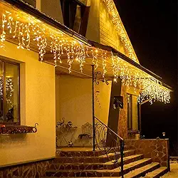 Cascata Pisca Pisca LED de Natal, 4,3m, 240 LEDs, Branco Quente, 8 Funções, Fio Transparente, Para Uso Interno e Externo, Decoração Fachada Festa 220V